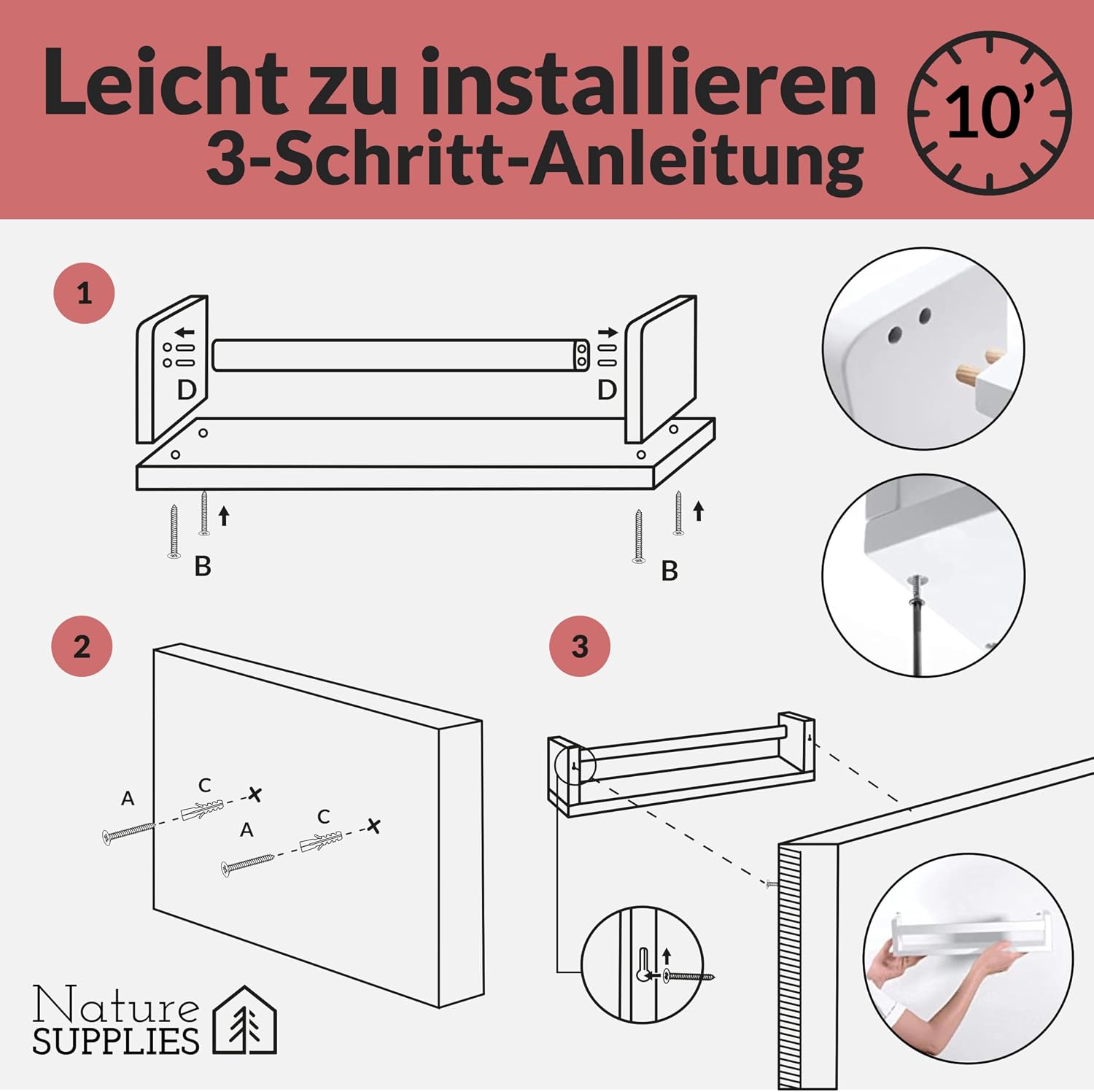 Thumbnail 5 de NATURE SUPPLIES Set: 3 weiße Wandregale aus Massivholz, 58 cm – Montessori Bücherregal für Kinderzimmer
