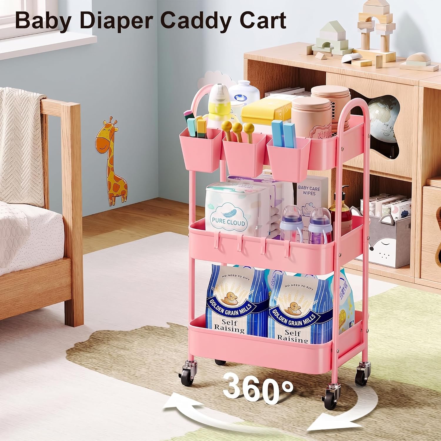 Detalle 2 de Recximi Utility Carts Pink 3-Tier Metal Rolling Cart with Locking Wheels