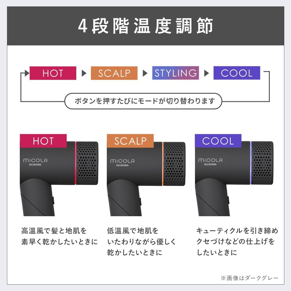 Detalle 2 de アイリスオーヤマ MiCOLA IDR-AZ401-N イオンドライヤー 軽量380g・折りたたみ式、4段階温度調節