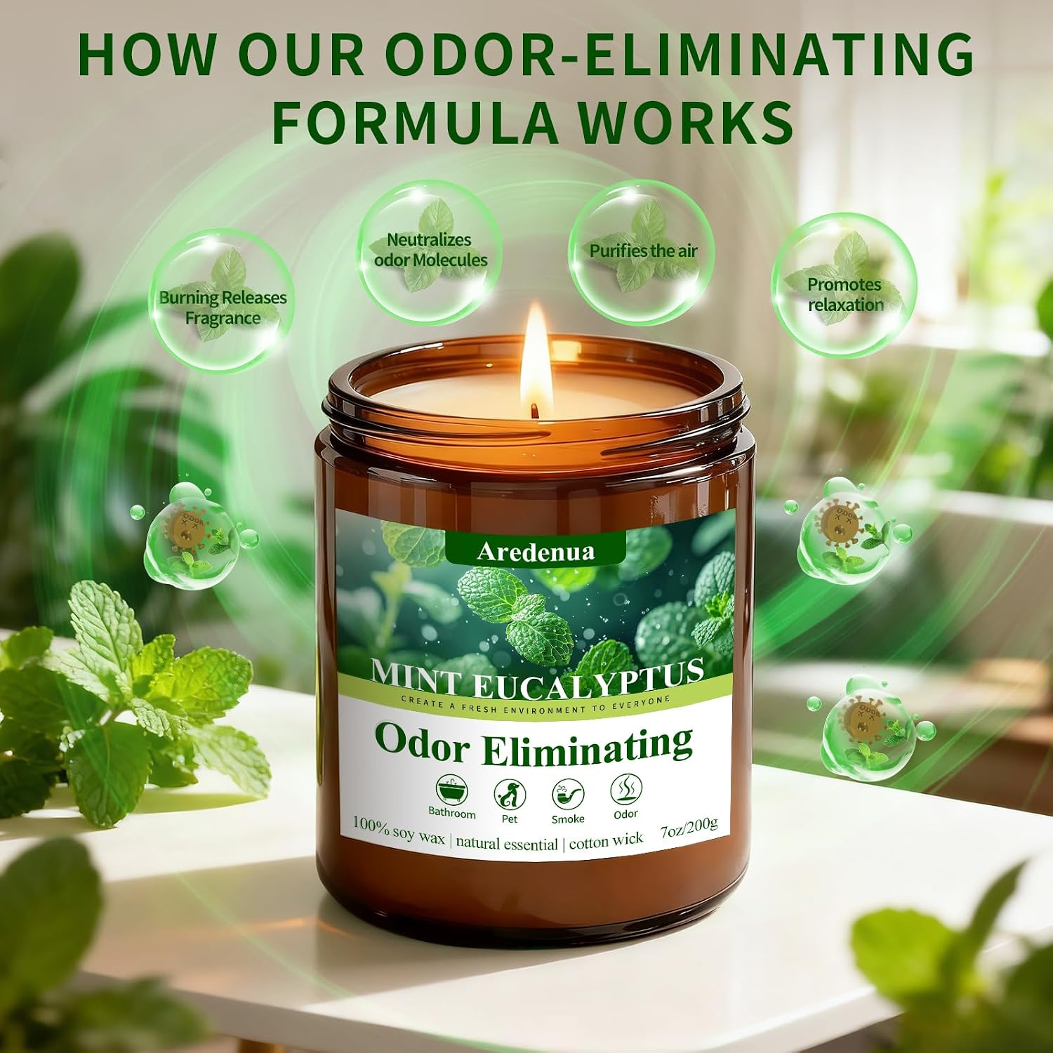 Detalle de Aredenua Odor-03 Mint Eucalyptus Scented Soy Candle, 7 oz