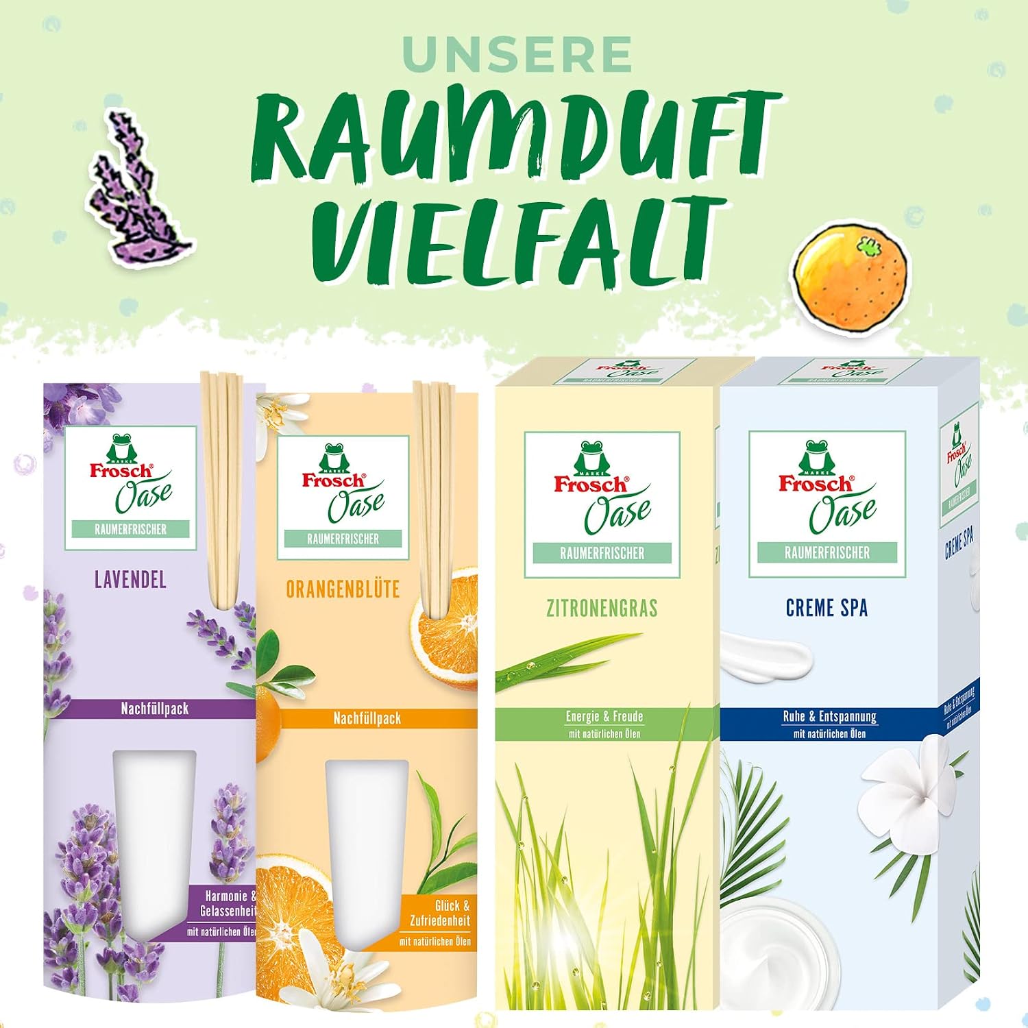 Detalle de Frosch Oase lawendowy sen – uzupełnienie odświeżacza, 90 ml z patyczkami
