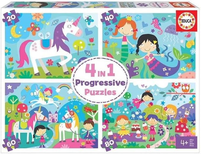 Detalle de Educa 4 en 1 Mundo de Fantasía 🧩 Puzzles Infantiles de 20 a 80 piezas, 4+ años