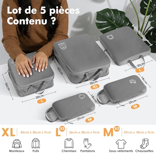 Detalle de Samfolk Organisateurs de valise à compression en nylon, lot de 5, gris
