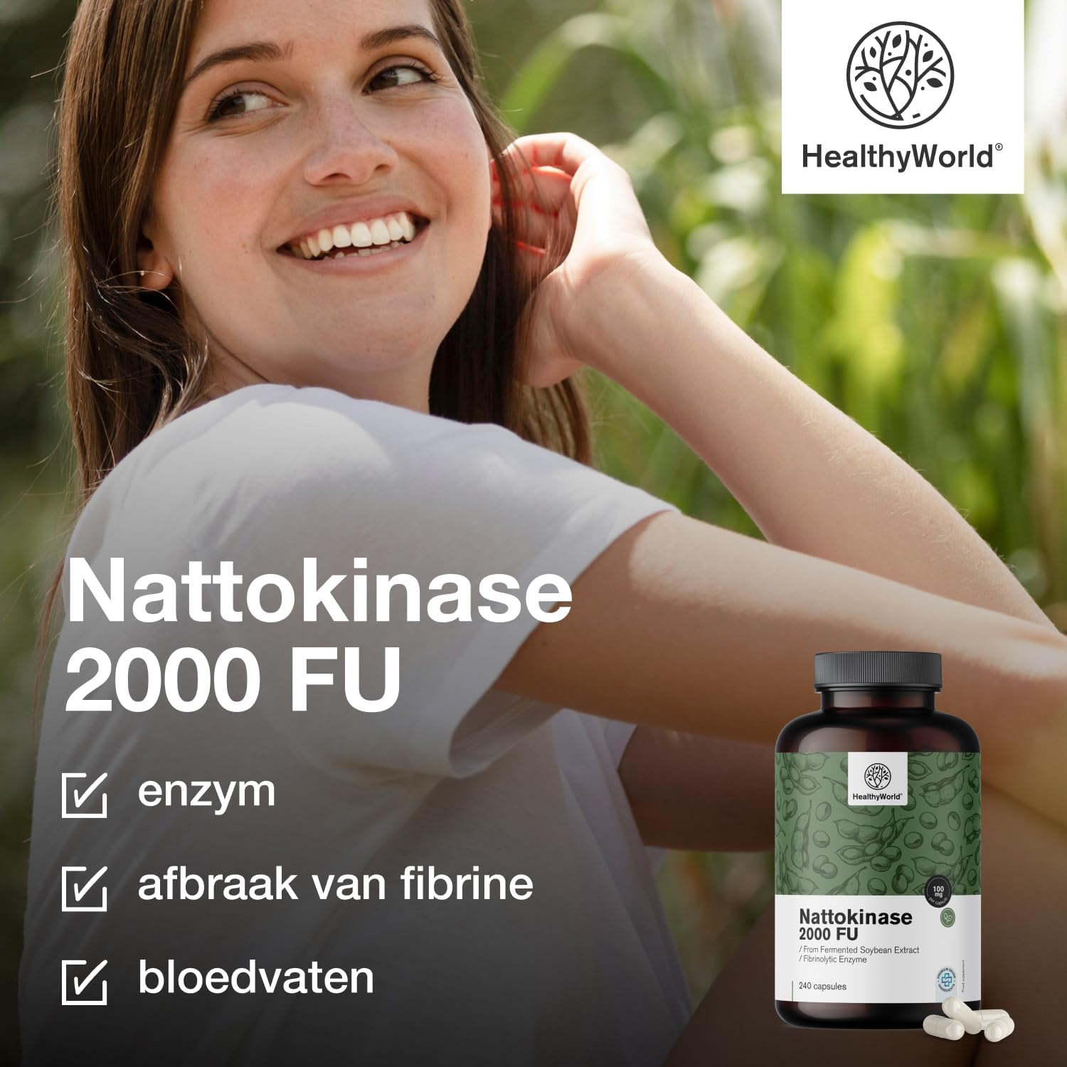 Detalle de HealthyWorld Nattokinase 2000 FU capsules, 100 mg, vegan, 240 stuks