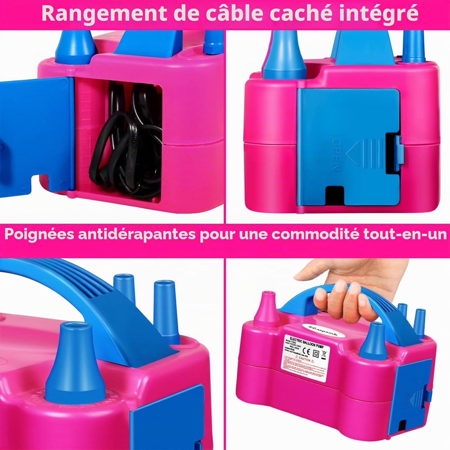 Detalle 2 de FLSEPAMB Pompe à Ballons électrique 600W — Gonfleur portable avec 2 buses et 2 modes