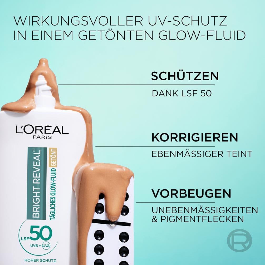 Detalle de L’Oréal Tägliches Getöntes UV Glow-Fluid LSF 50, Niacinamid + Glow-Pigmente – Farbe Mittel