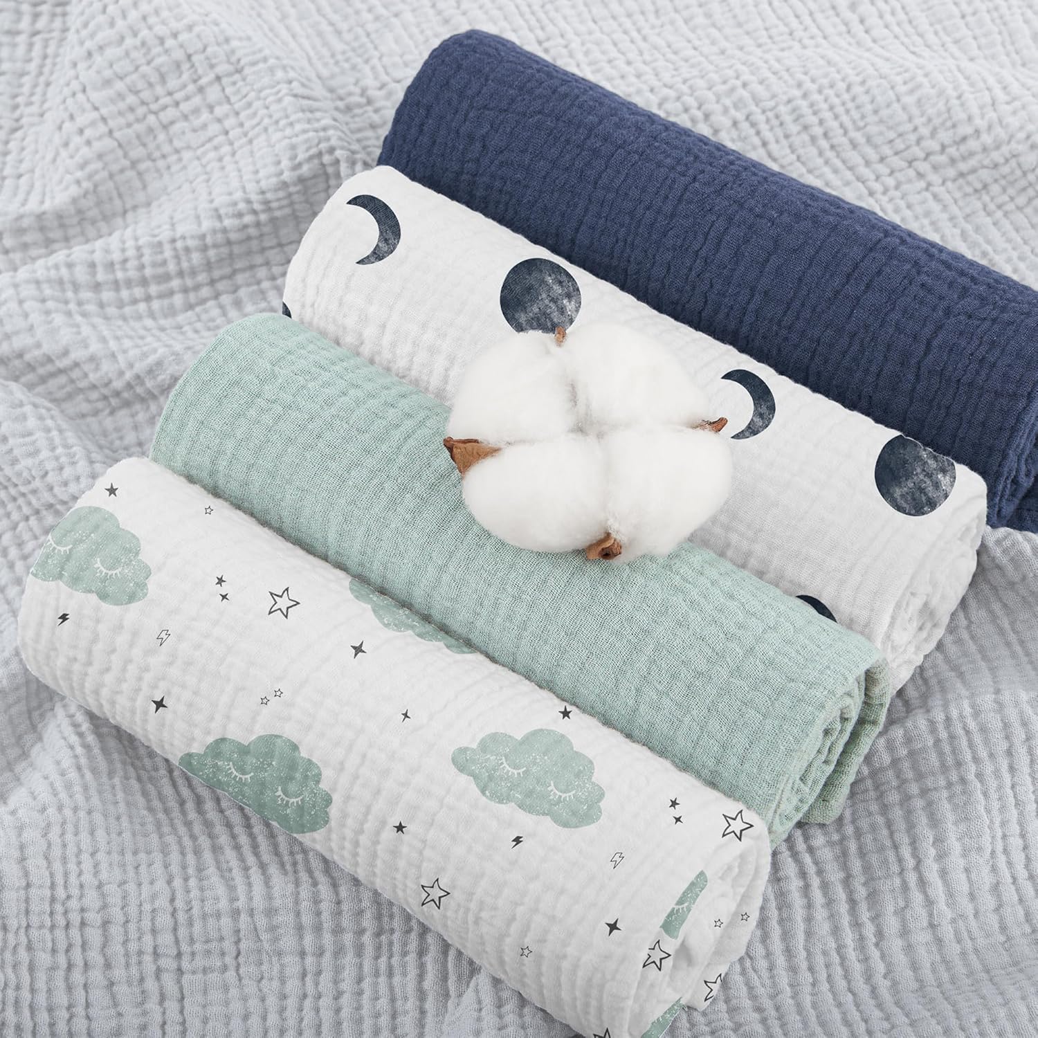 Thumbnail 2 de Susurration Mulltücher Baby Spucktücher im 5er-Set, 100% Baumwolle Musselin 60 x 60 cm (Blauer Druck)