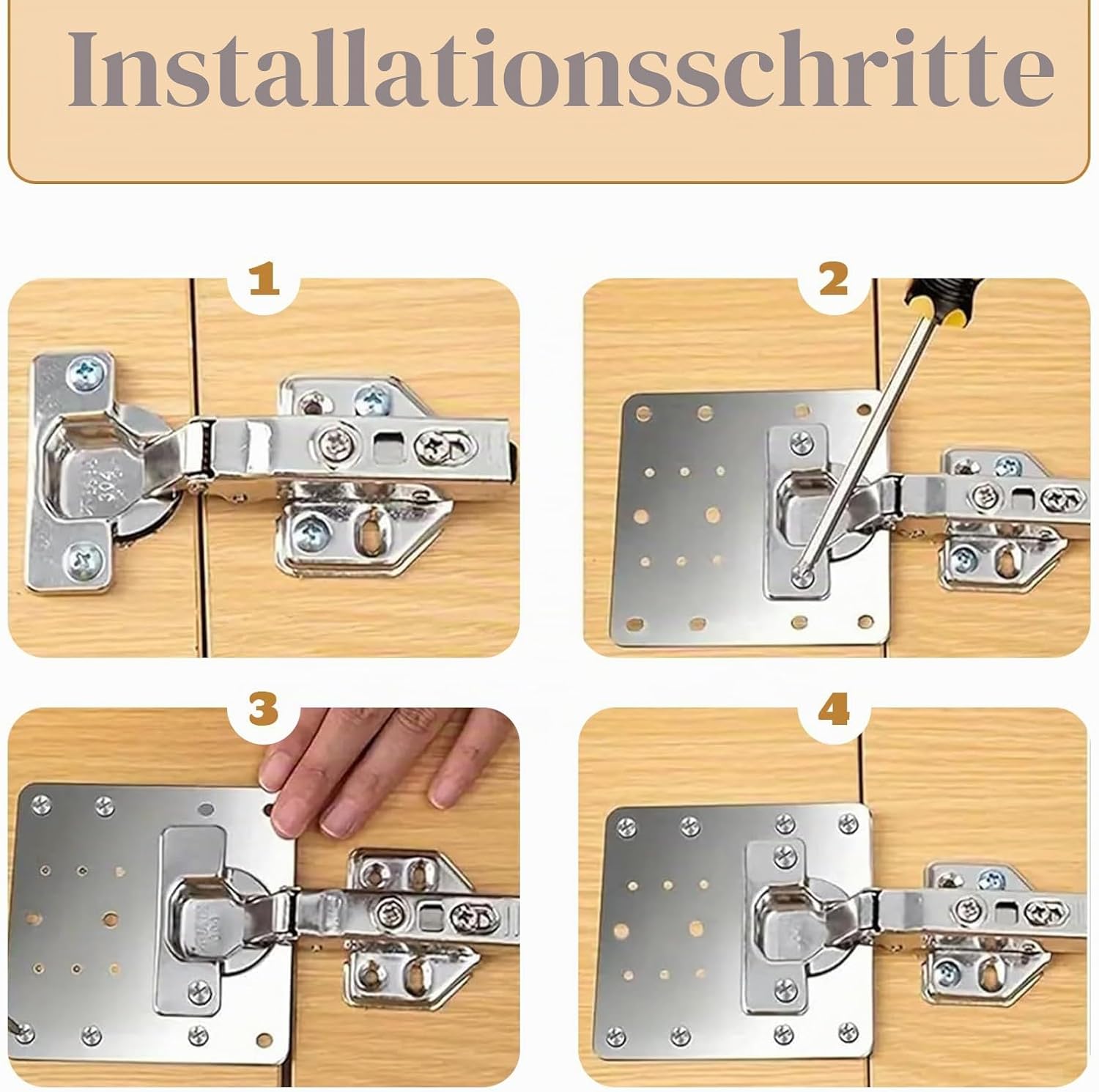 Detalle de 8 Stück Scharnier Reparaturplatte Edelstahl – 9×9 cm, inkl. 48 Schrauben für Küchenschranktüren und Seitenteile