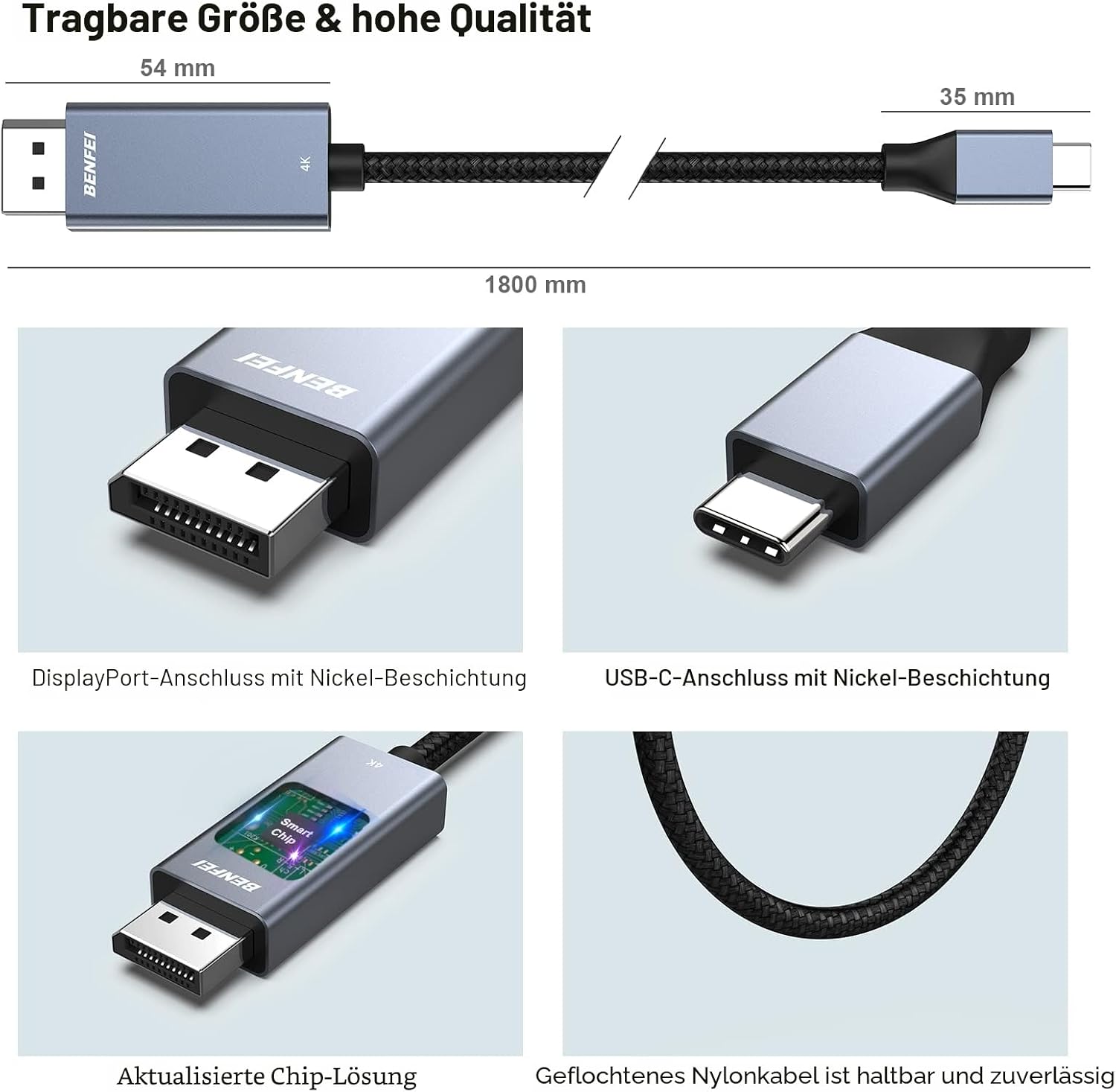 Thumbnail 6 de BENFEI USB‑C auf DisplayPort Kabel 1,8 m – 4K bis 144 Hz/240 Hz (je nach Modus)