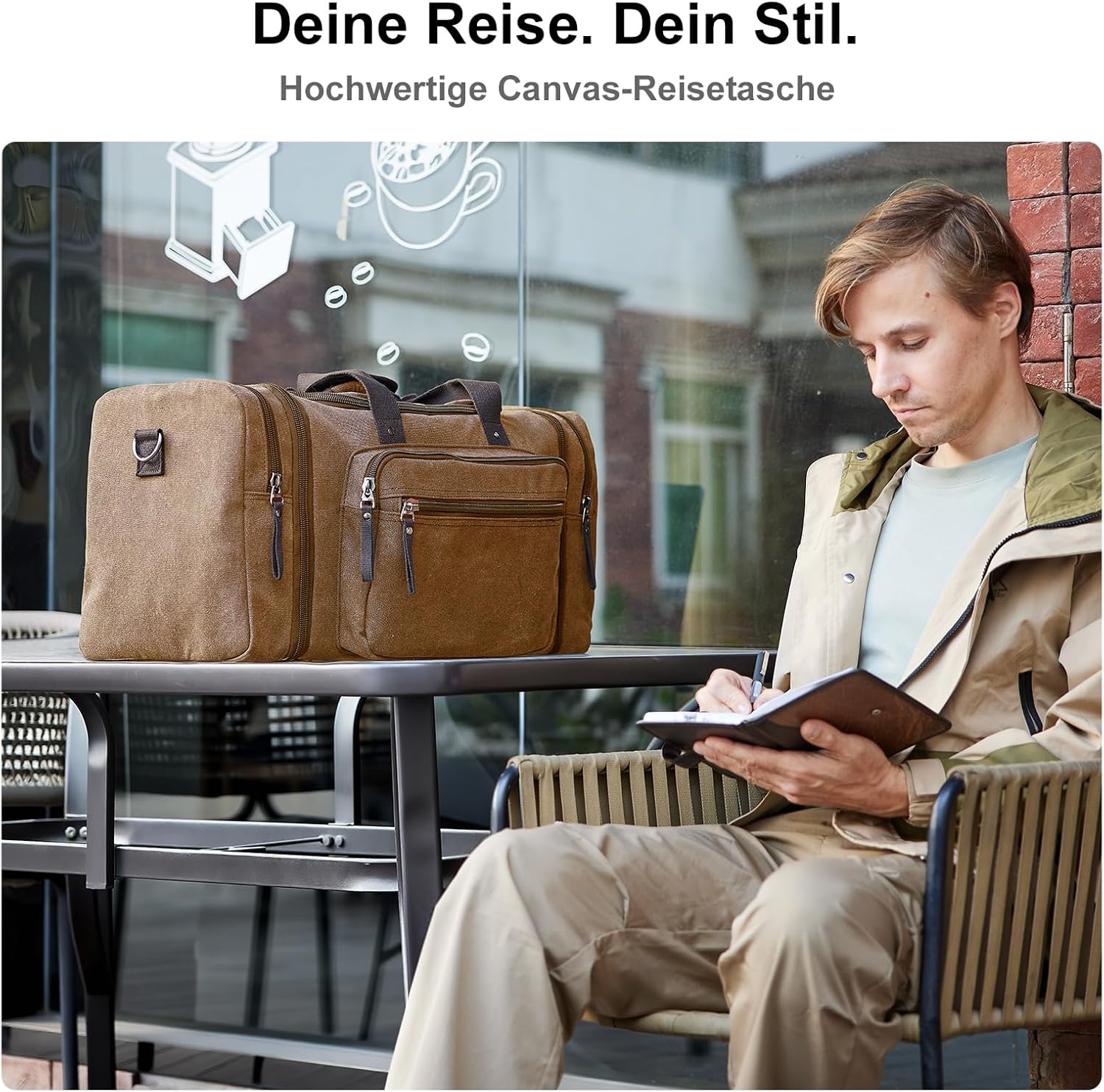 Detalle de Erweiterbare Reisetasche 55L – kompakte Sporttasche aus Baumwoll-Canvas für Reisen, Fitness und Business