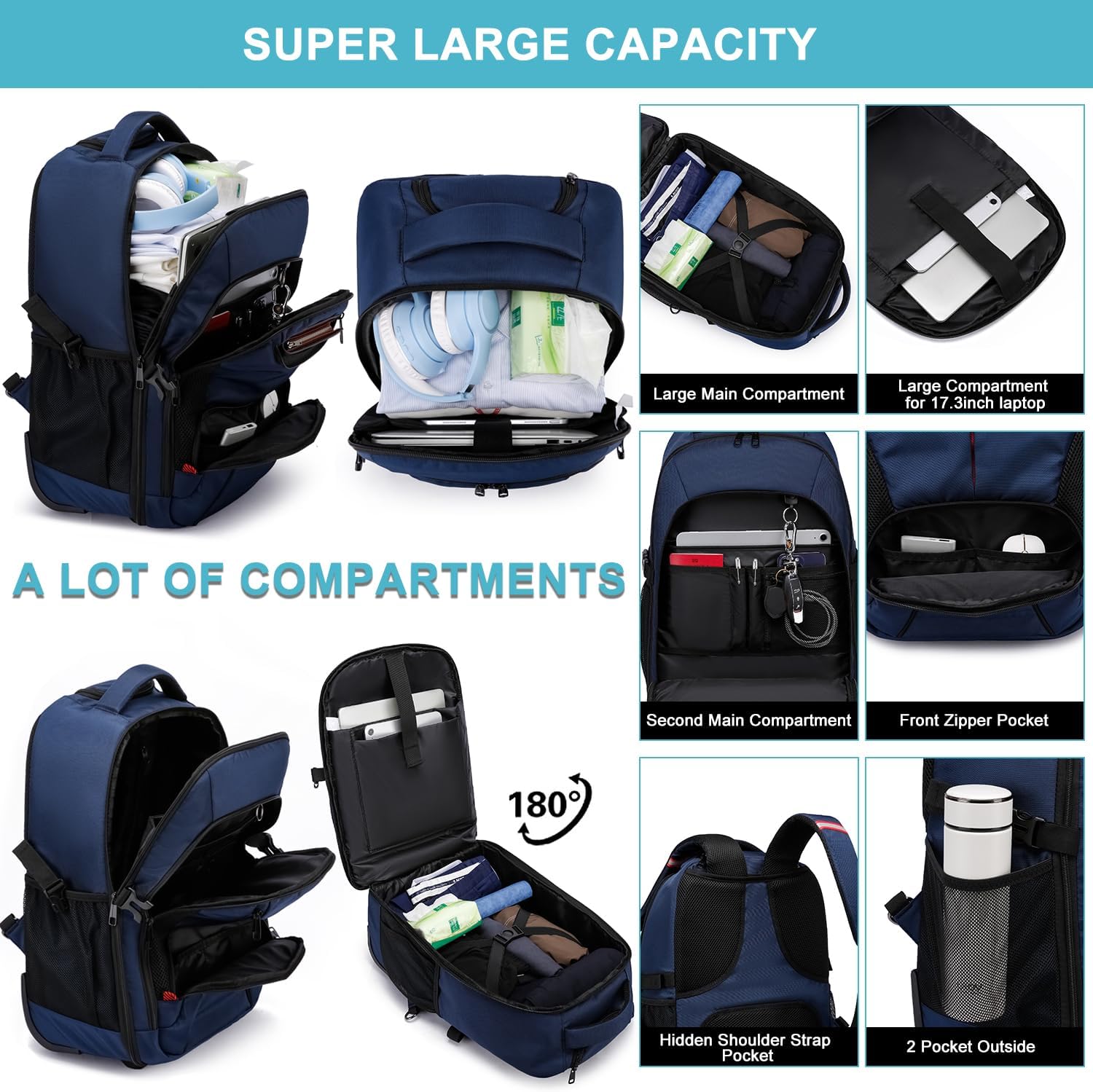 Detalle de Travel Backpack with Wheels for Men and Women — 17.3in Laptop, 45L Capacity