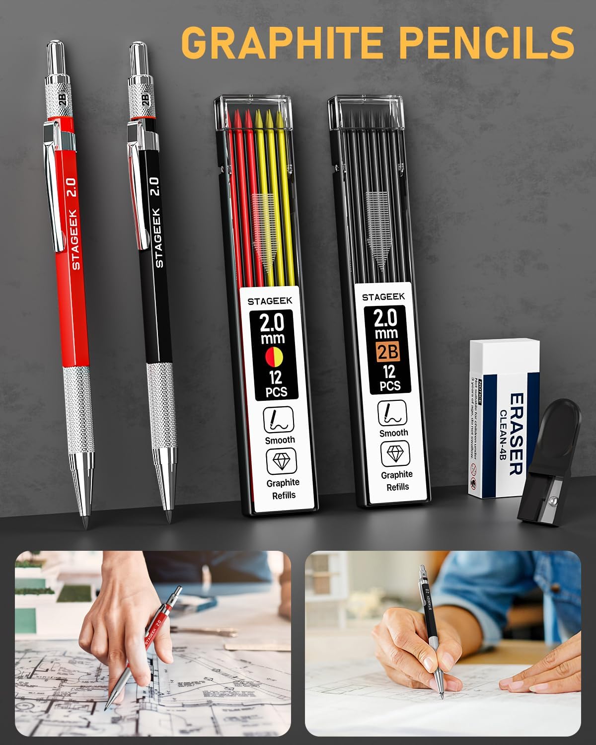Detalle de STAGEEK Ensemble de crayons de charpentier avec taille-crayon, recharges, outil de traçage en carbure et gomme 4B