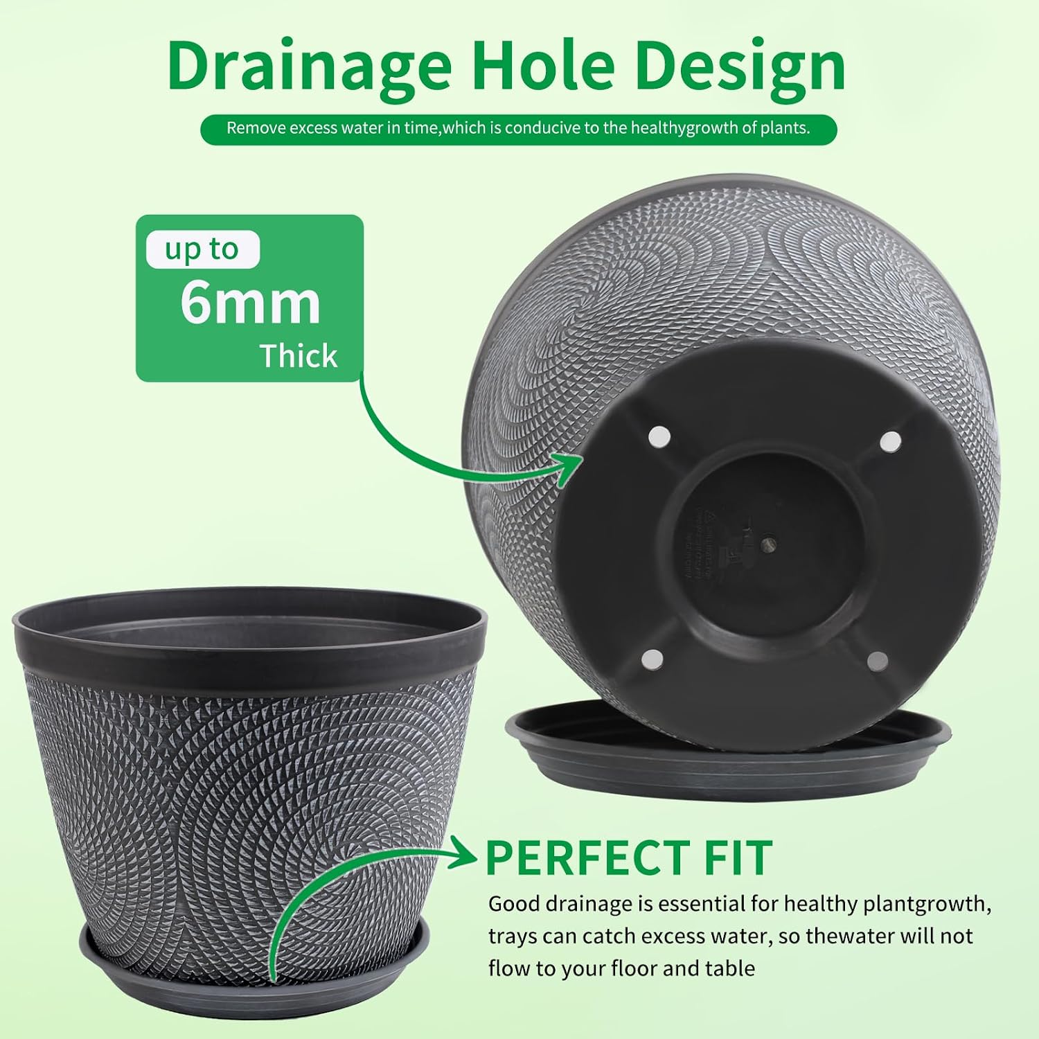 Detalle de Quarut 12-Inch Plant Pots, 4-Pack with Drainage Holes and Saucers, Gray
