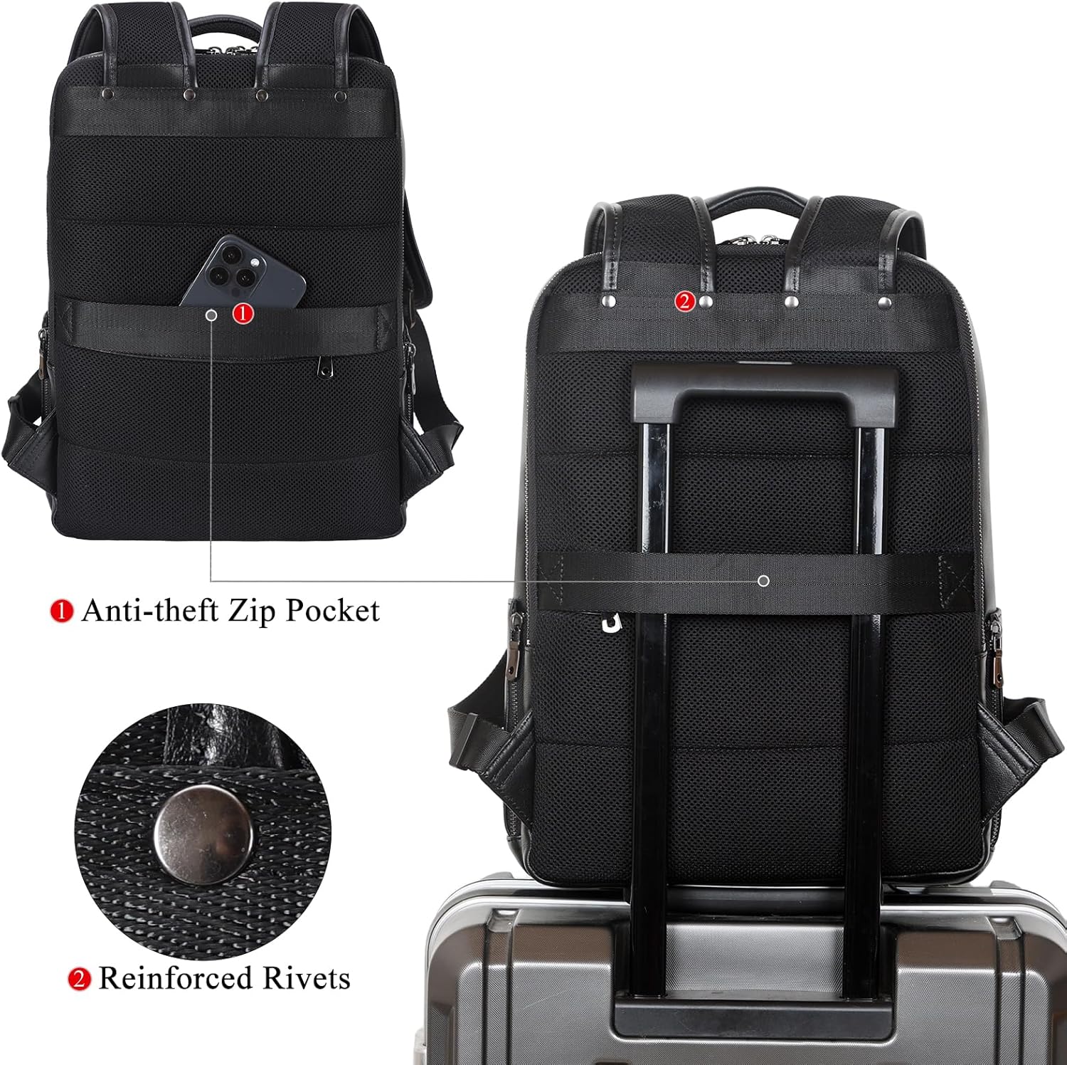 Detalle 2 de TIDING Full Grain Leather Laptop Backpack 15.6 inch with anti-theft back pocket (Black)