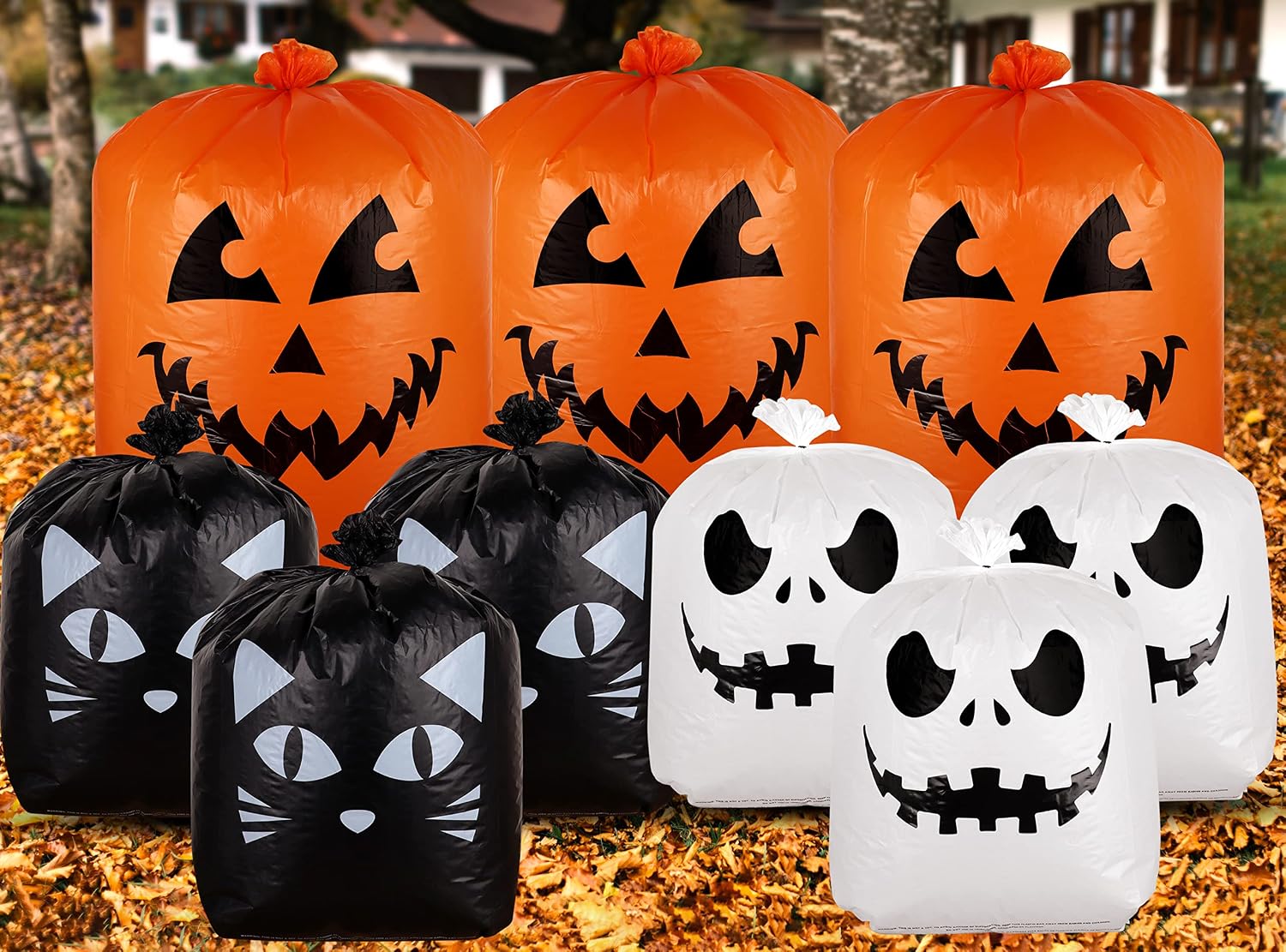Detalle de Giiffu 9-Pack Halloween Leaf Lawn Bags with Twist Ties, Pumpkin, Cat and Ghost Designs