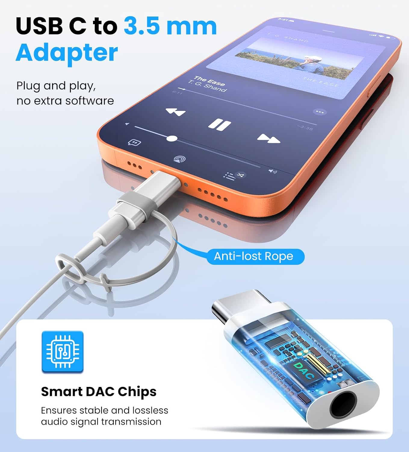 Detalle de TiMOVO Adattatore USB-C a cuffie da 3,5 mm con DAC integrato – bianco