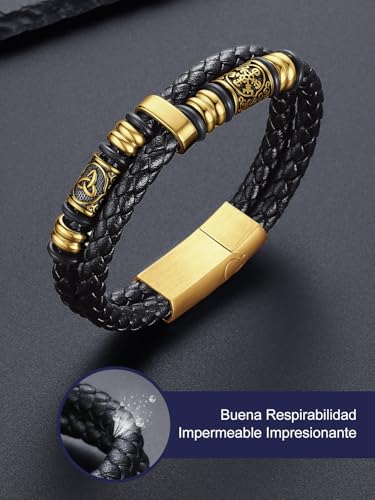 Detalle 2 de Bandmax Pulsera Viking de Cuero Trenzado para Hombre 23 cm con Doble Capa, Cuentas de Acero Inoxidable y Cierre Magnético