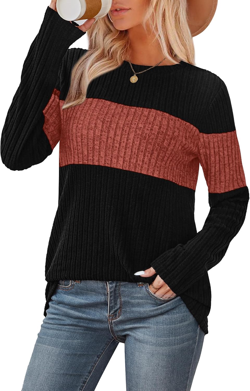 Detalle 2 de WIHOLL Women's Color-Block Lightweight Sweater, Long-Sleeve Top