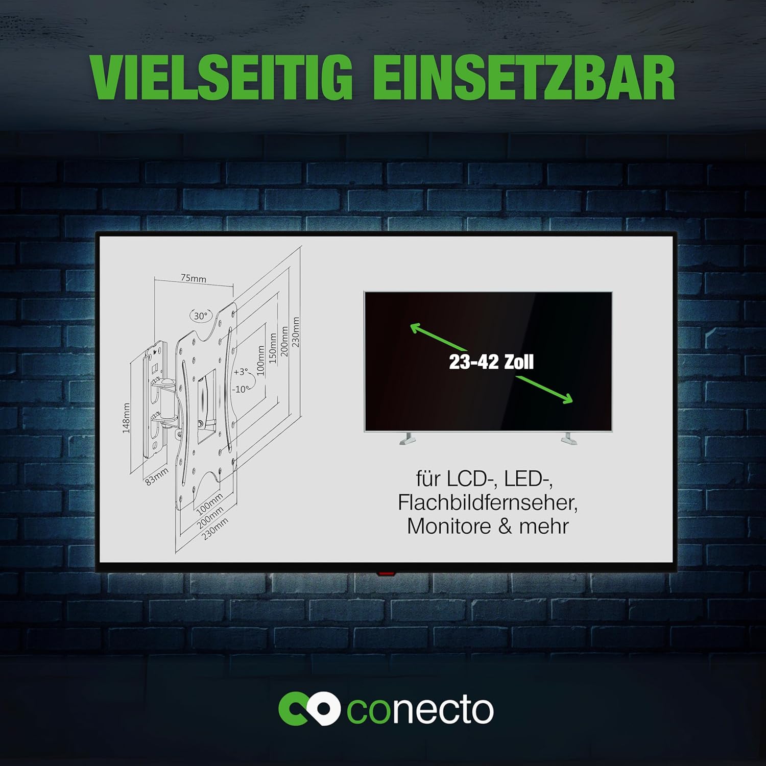 Thumbnail 3 de Support mural TV connecto universel inclinable et pivotant (VESA jusqu’à 200x200 mm), noir, 23–42 pouces