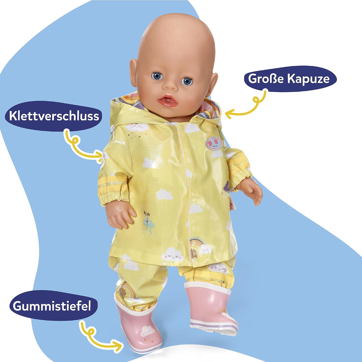 Detalle de Baby Born Regen-Outfit: Regenmantel, Regenhose und Gummistiefel für 43 cm Puppen