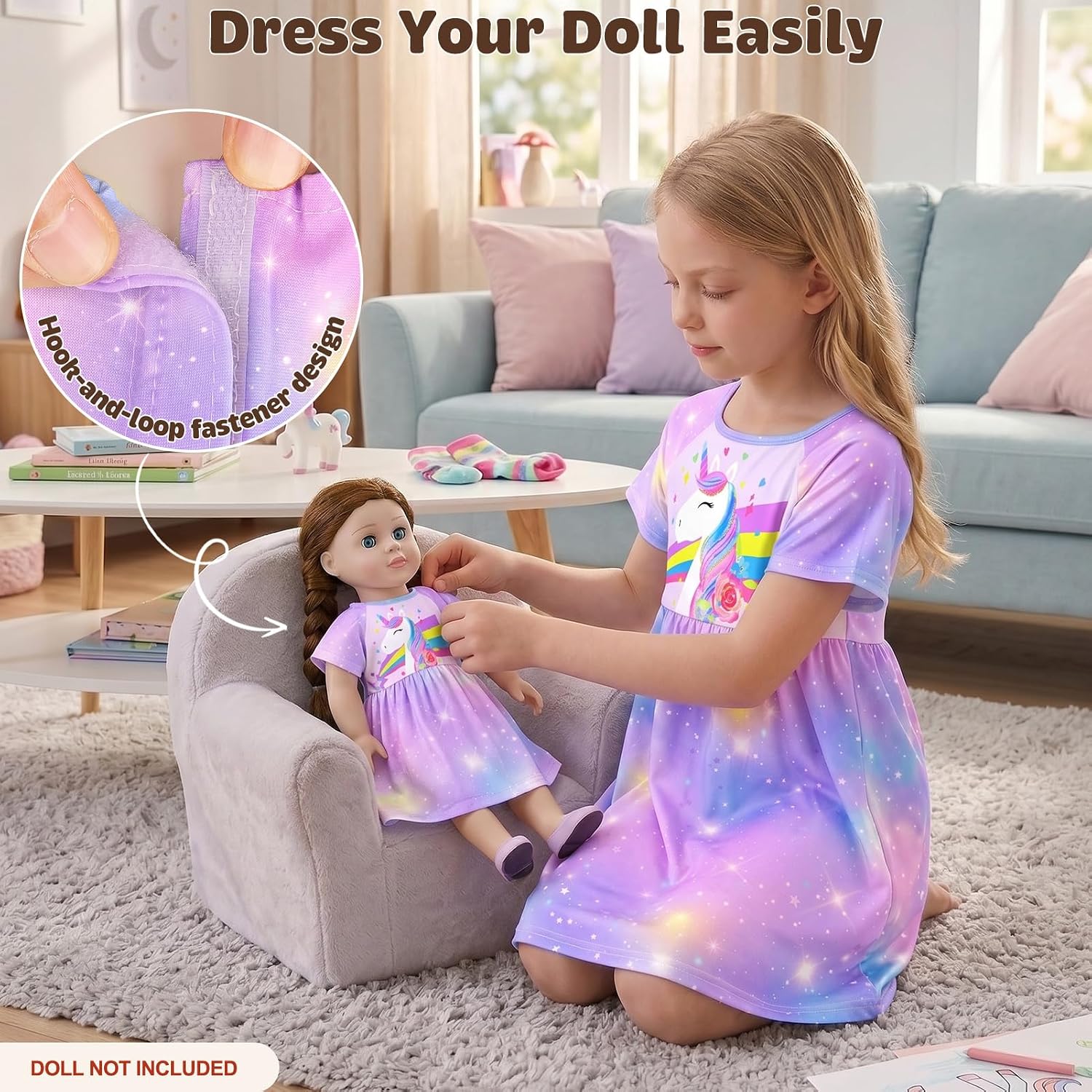 Detalle de Play Tailor Matching Unicorn Nightgown Set for Girls and 18-Inch Dolls