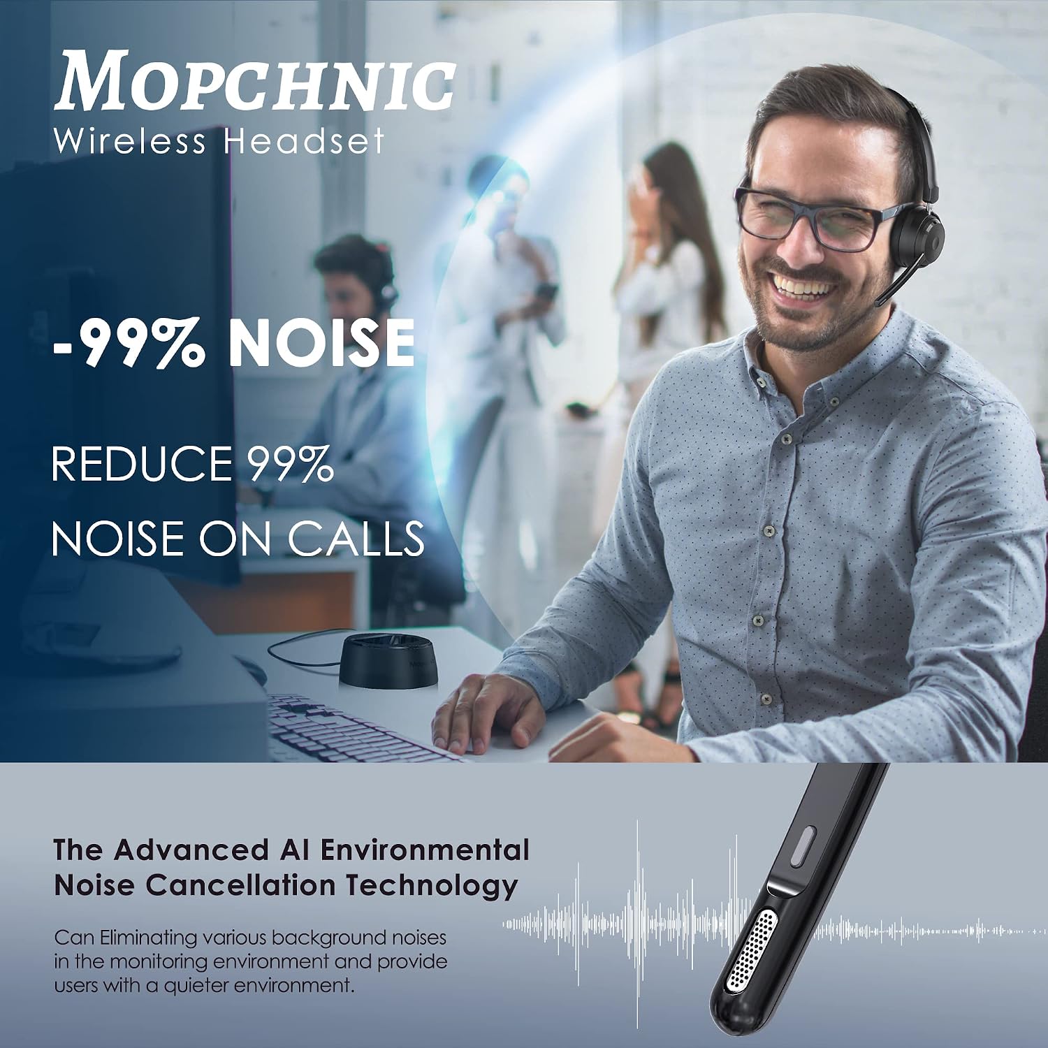 Detalle de Mopchnic Bluetooth Headset: AI Noise-Canceling Mic, USB Dongle, All-Day Comfort