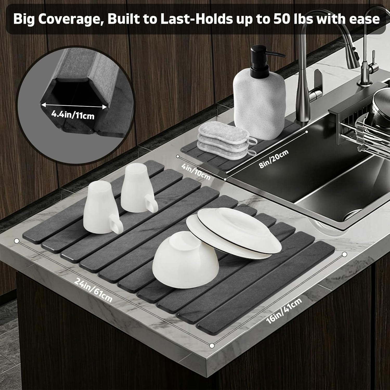 Detalle de Large Stone Dish Drying Mat for Kitchen Counter (Gray Marble, 24" x 16" + 8" x 4" Coaster)