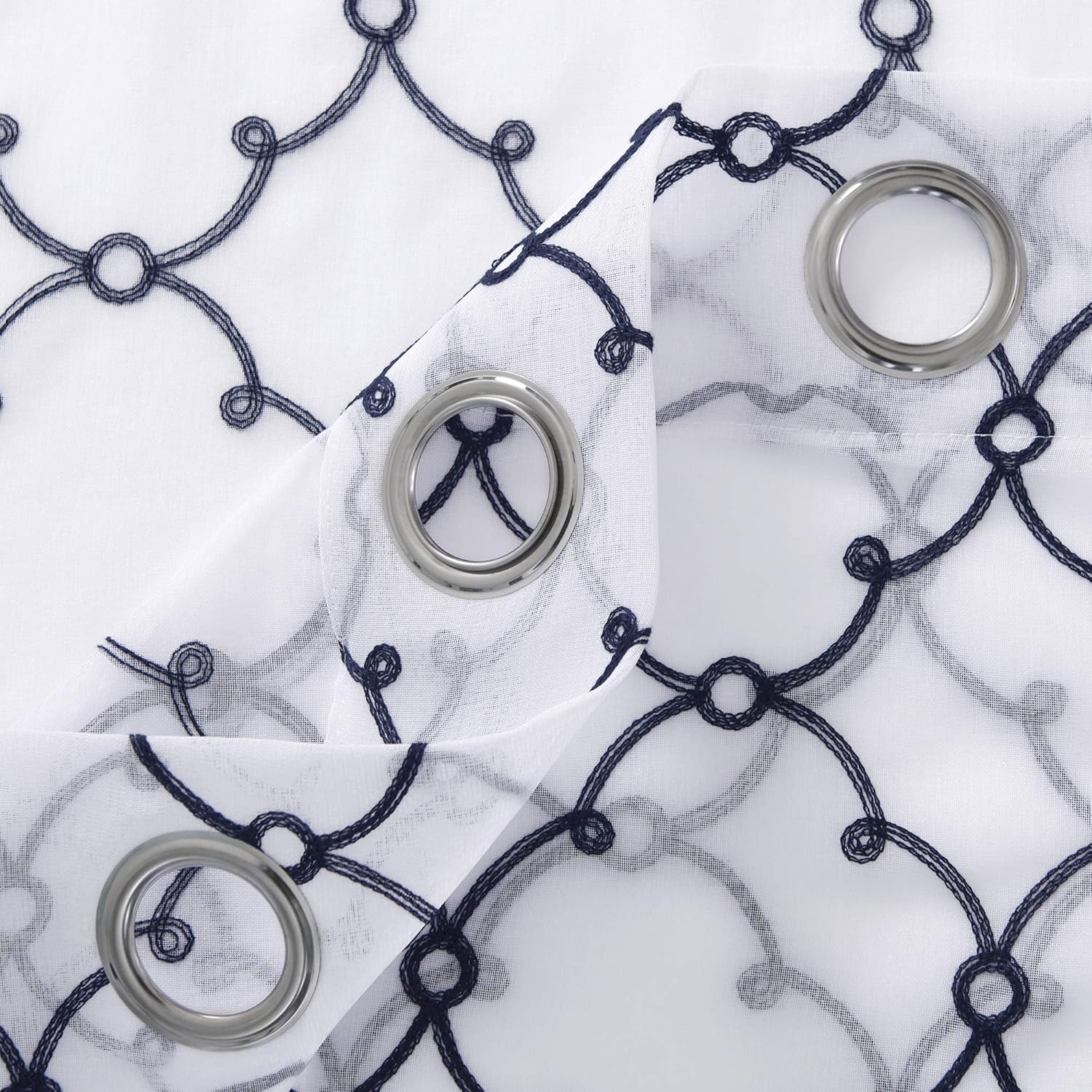 Thumbnail 3 de Deconovo navy blue eyelet faux linen voile curtains with diamond embroidery (55 x 69 drop, 1 pair)