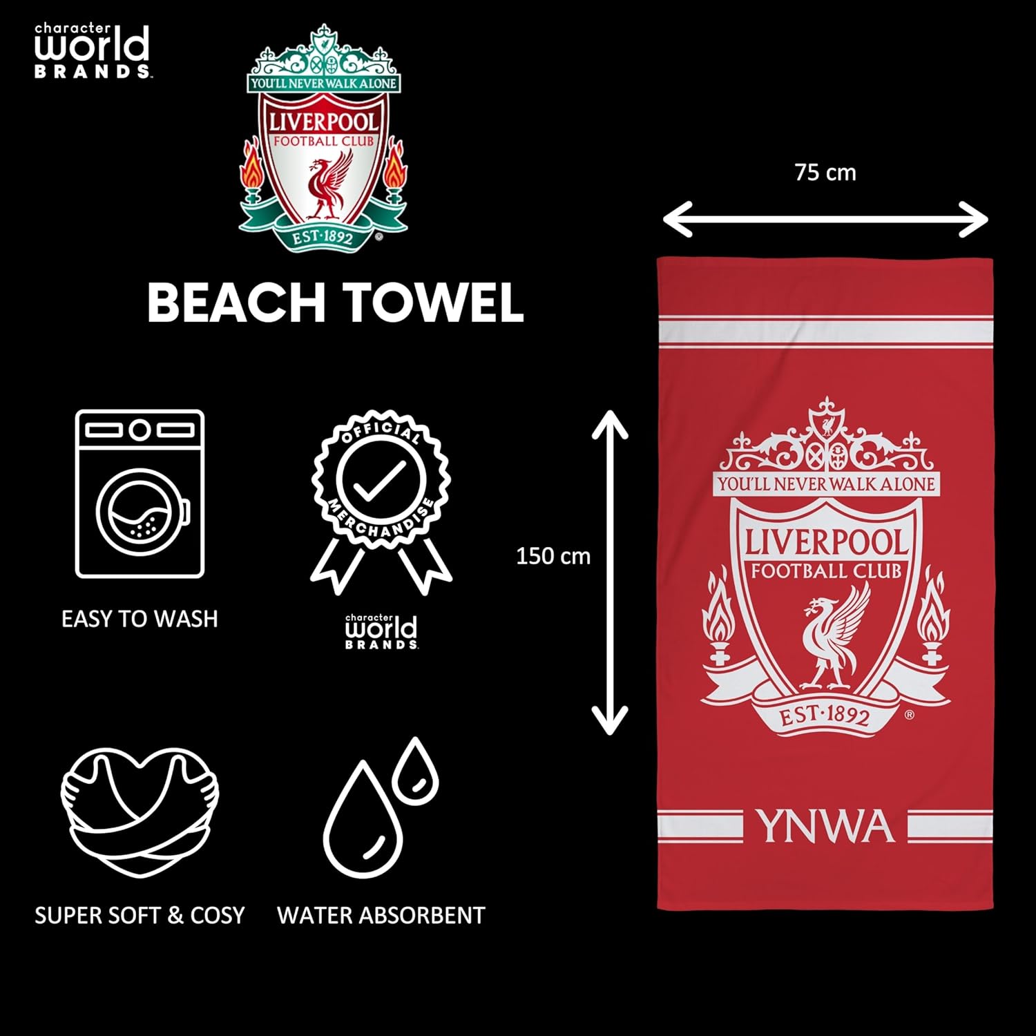 Detalle de Liverpool FC Official Towel 75 x 150 cm – 100% Cotton, Quick-Dry, Official Merchandise