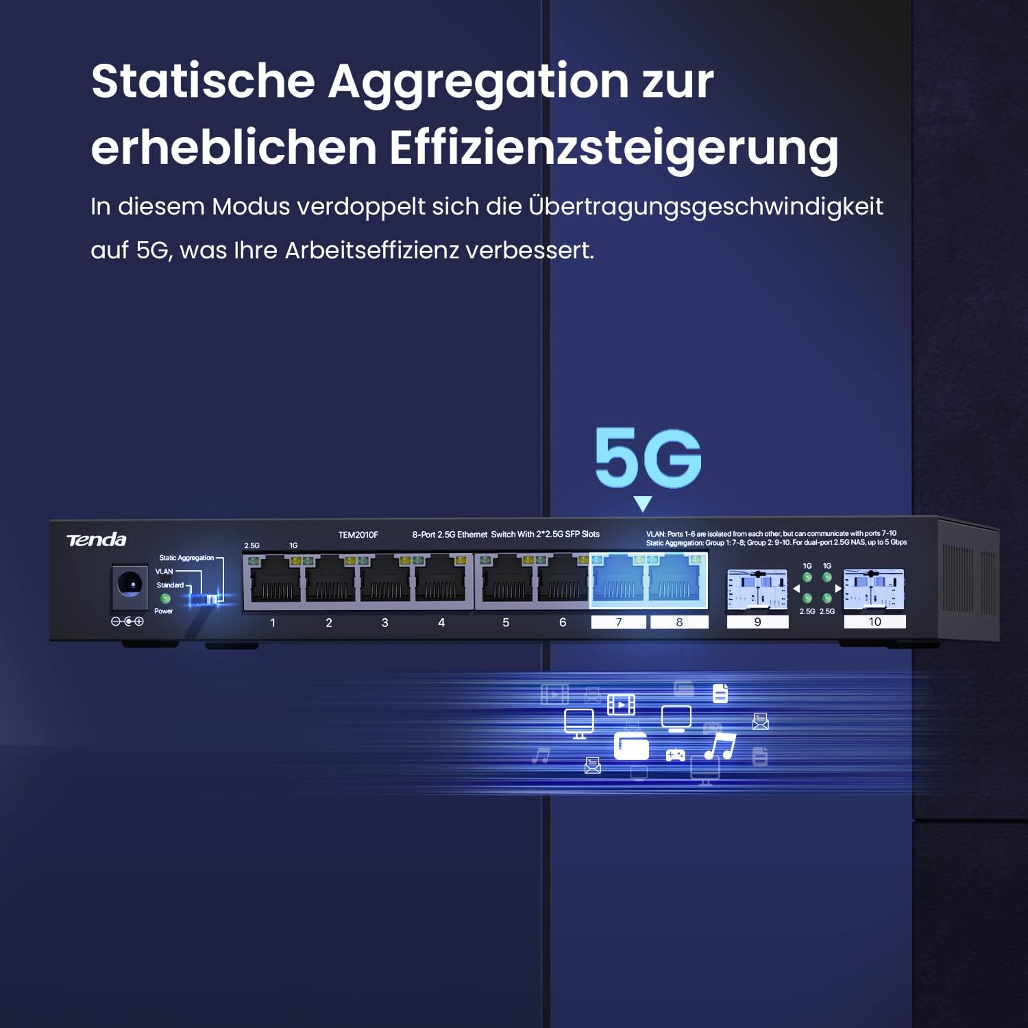 Detalle de Tenda TEM2010F: 8-Port 2,5 Gbit Unmanaged Switch mit 2 SFP-Ports – VLAN, Statische Aggregation, Plug & Play