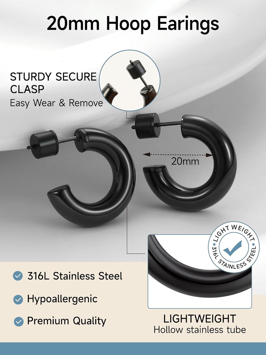 Thumbnail 5 de PROSTEEL Boucles d’oreilles femme en anneaux ouverts noir/plaqué or acier inoxydable 20/30/40/60/80 mm