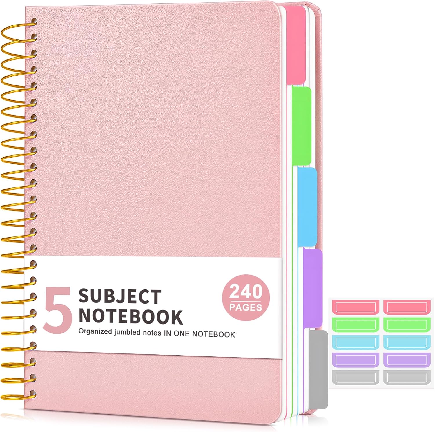 Detalle de JASLEKO 5-Subject A5 Spiral Notebook, 240 Pages, Pink, Pocket Dividers
