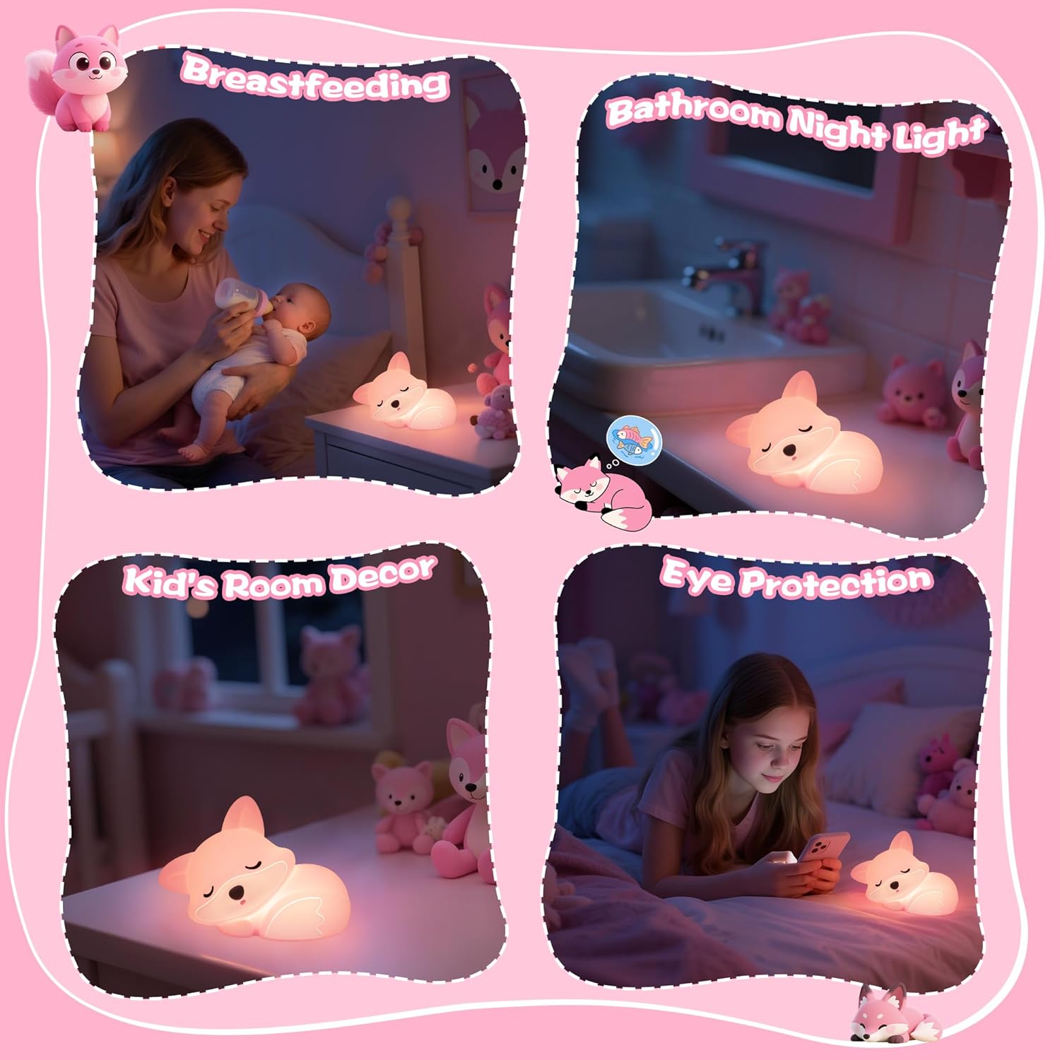 Thumbnail 4 de YuanDian Fuchs-Nachtlicht für Mädchen – weiche rosa Silikonlampe mit Touch, Timer und Akku