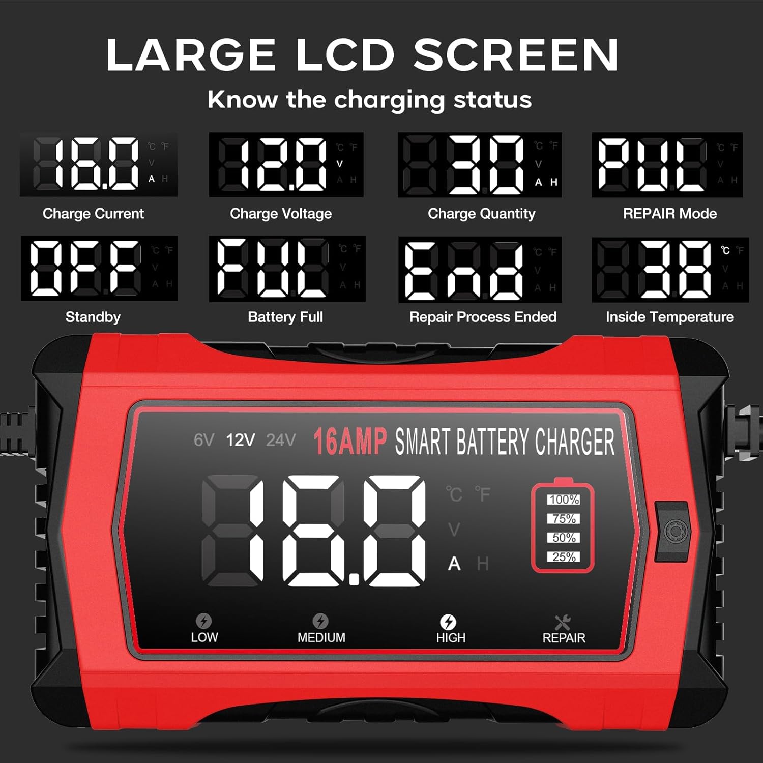 Thumbnail 4 de HTRC caricabatterie auto 16A 6V/12V/24V con schermo LCD e 4 modalità (piombo e LiFePO4/ioni litio)