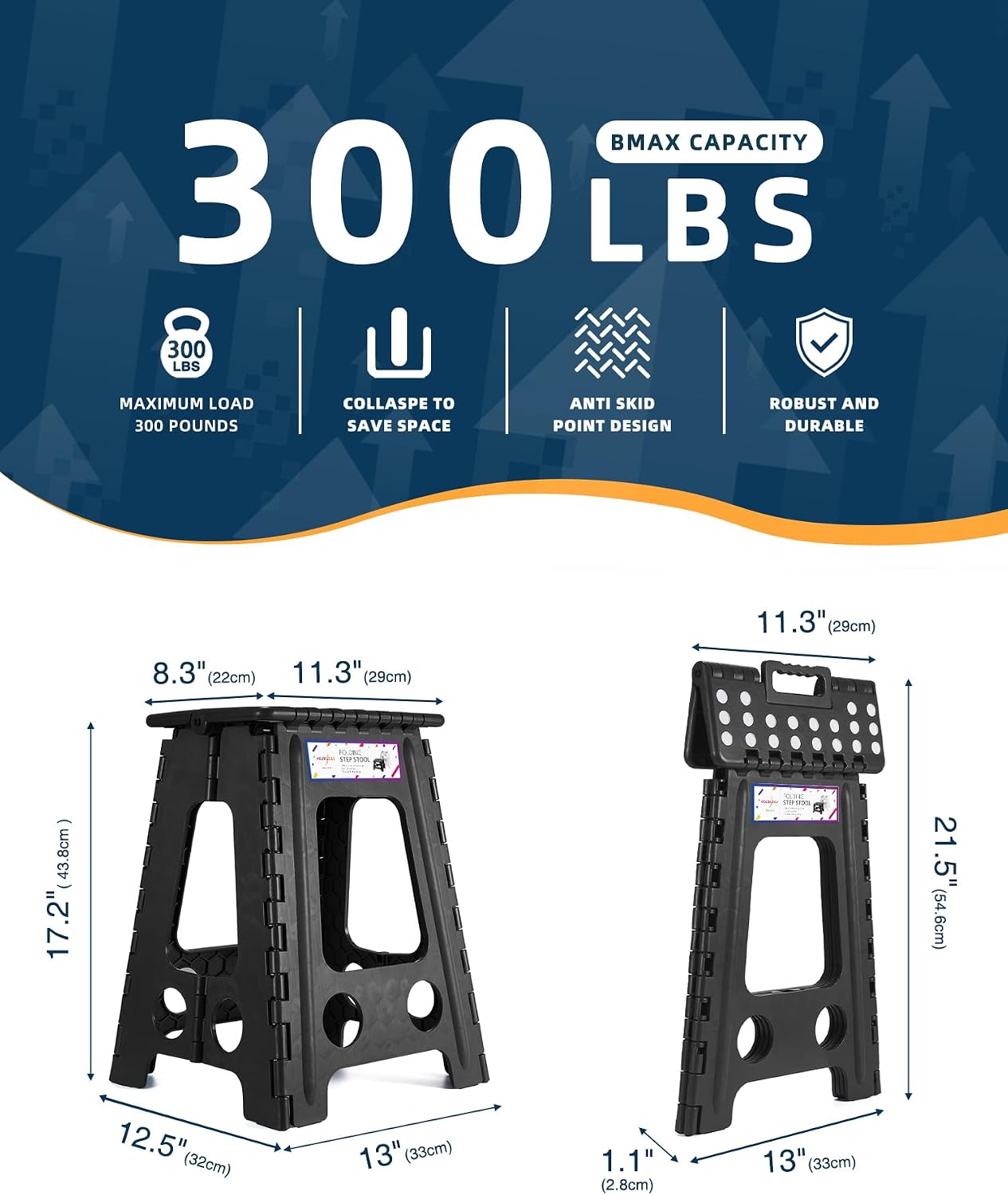 Detalle 2 de HOUSE DAY Folding Step Stool 18 Inch (Black) – Heavy Duty, Portable & Collapsible anti-slip stepstool, 330 LBS capacity