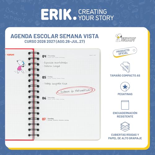 Detalle de Grupo Erik Agenda Snoopy 2026/2027 Semana Vista: agenda escolar con estilo clásico de Snoopy