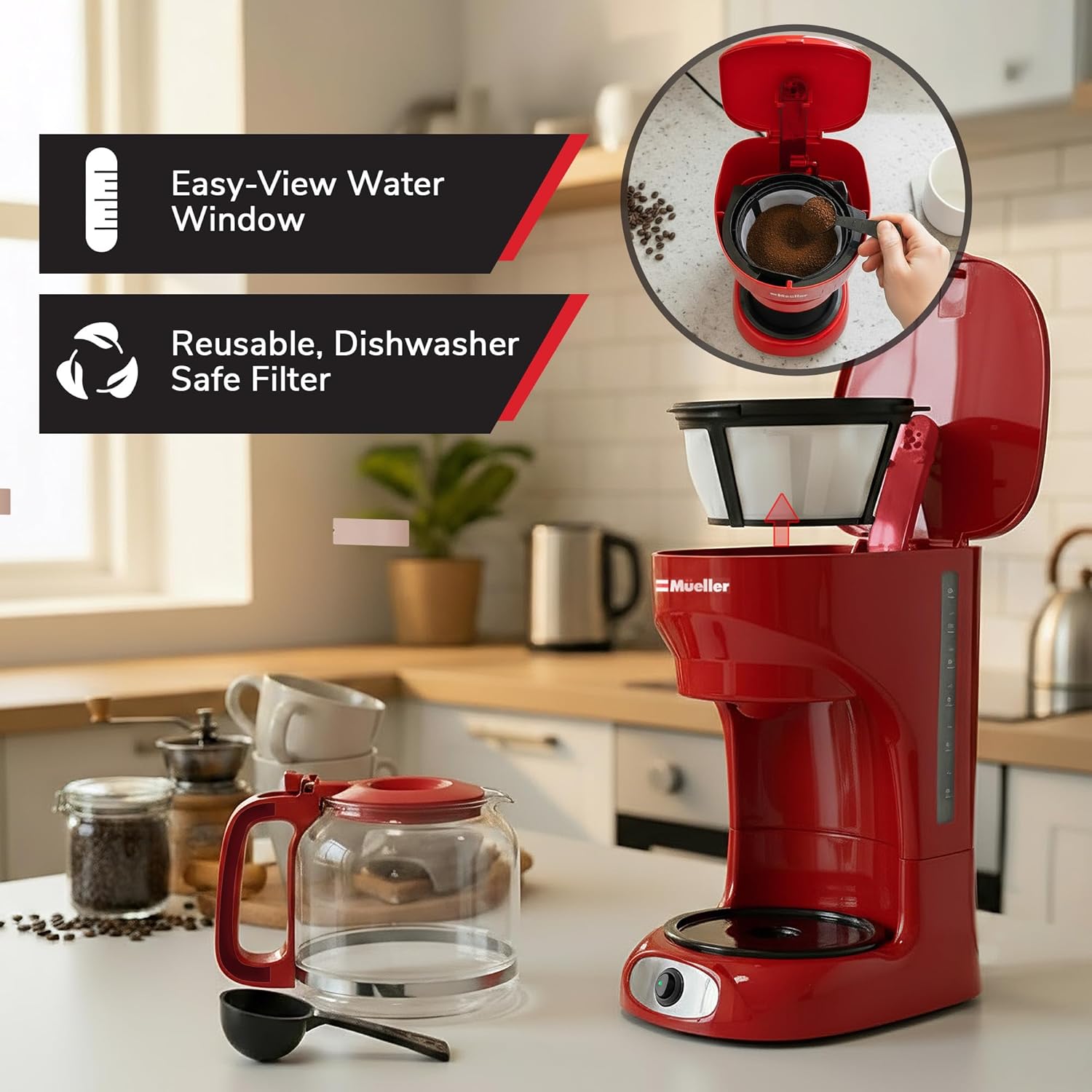 Detalle de MUELLER HOME 12-Cup Red Coffee Maker: Large-Batch Brew, Reusable Filter, and Keep-Warm