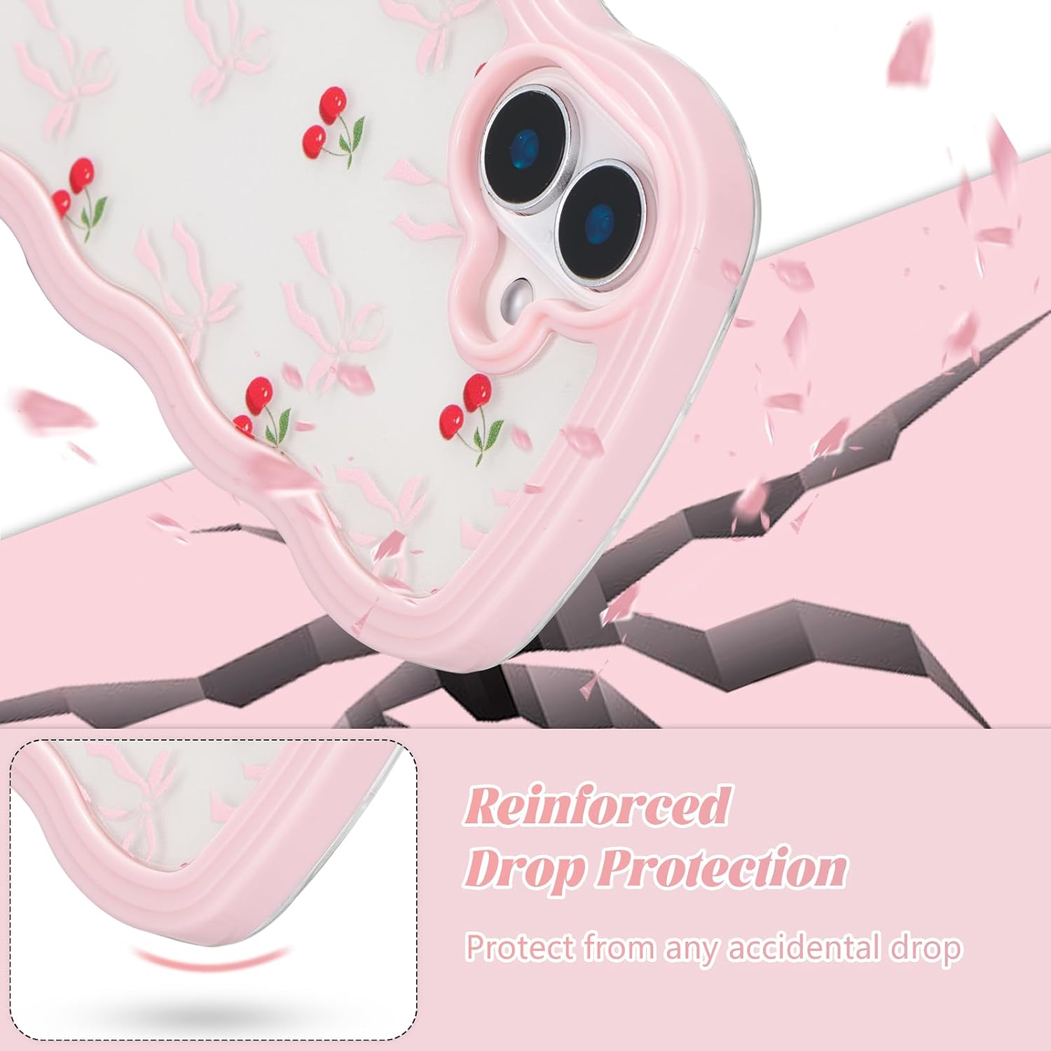 Detalle 2 de ZTOFERA Hülle für iPhone 16 Plus (6,7 Zoll) – Klar mit Kirsch‑Schleife, Harte PC‑Rahmen + Pink