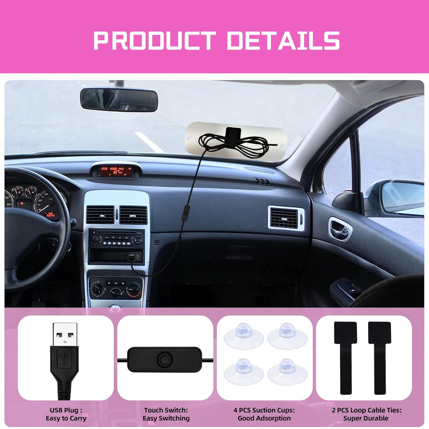 Thumbnail 2 de LED Light for Car Windshield Sign (Pink) with Suction Cups, Hook-and-Loop Cable Ties and USB Plug