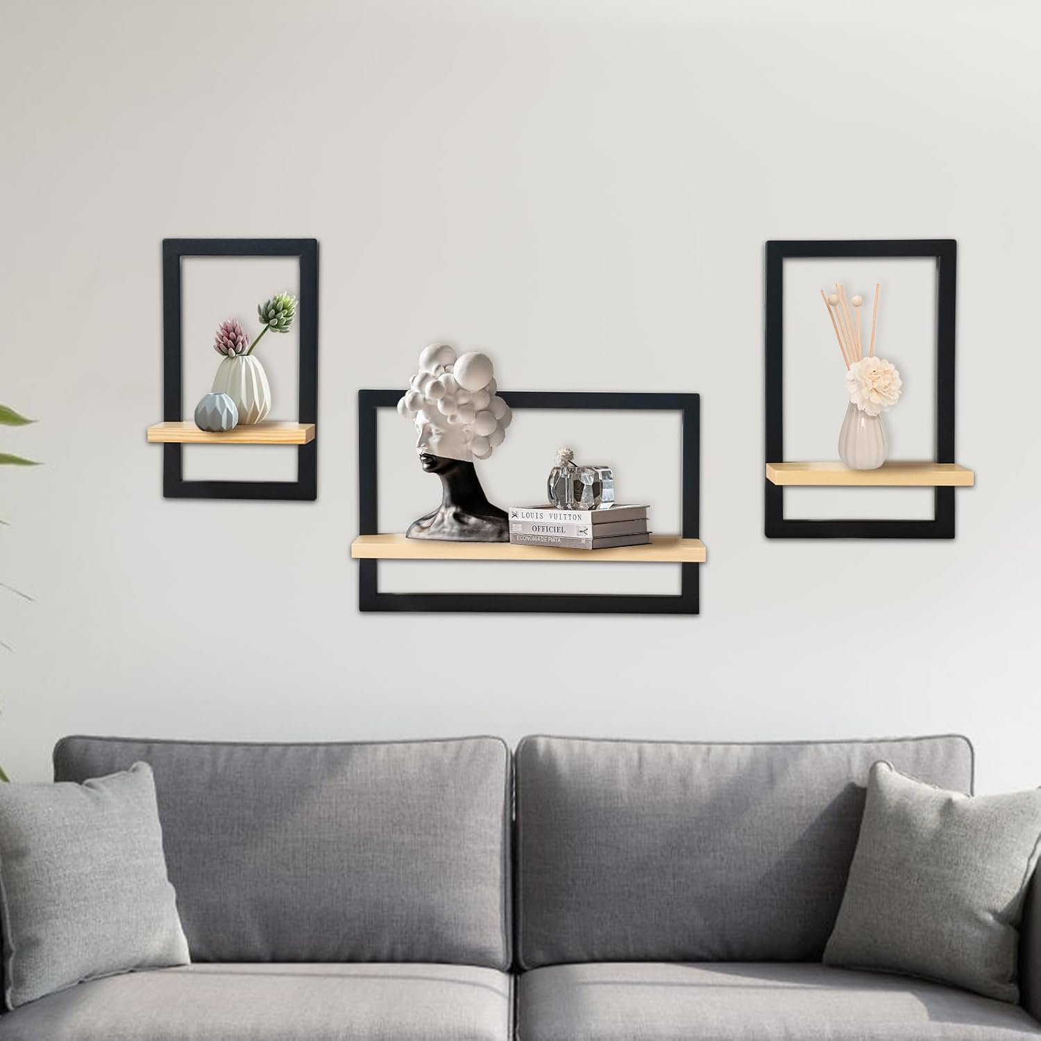 Detalle de hi-home Set mit 3 Wandregalen – schwebende, quadratische Holzwandregale in Braun