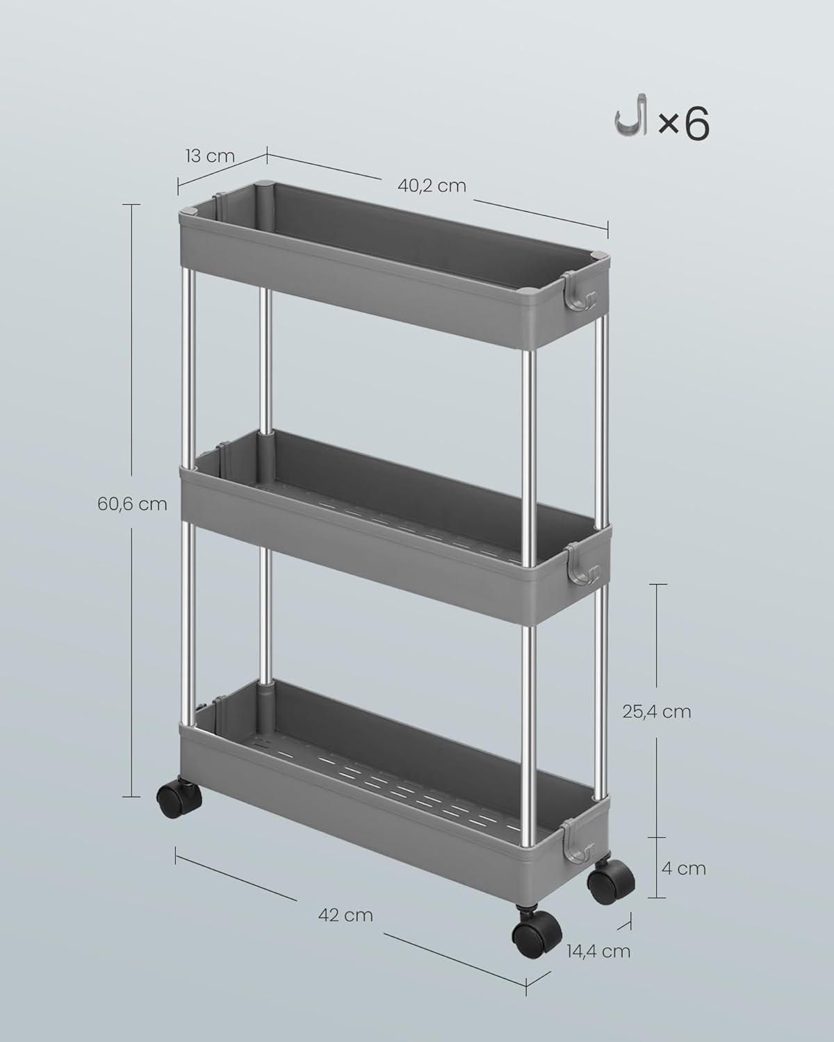 Detalle de SONGMICS Carrello Portaoggetti a 3 Livelli KSC007G01: design slim e versatilità per cucina, bagno e ufficio