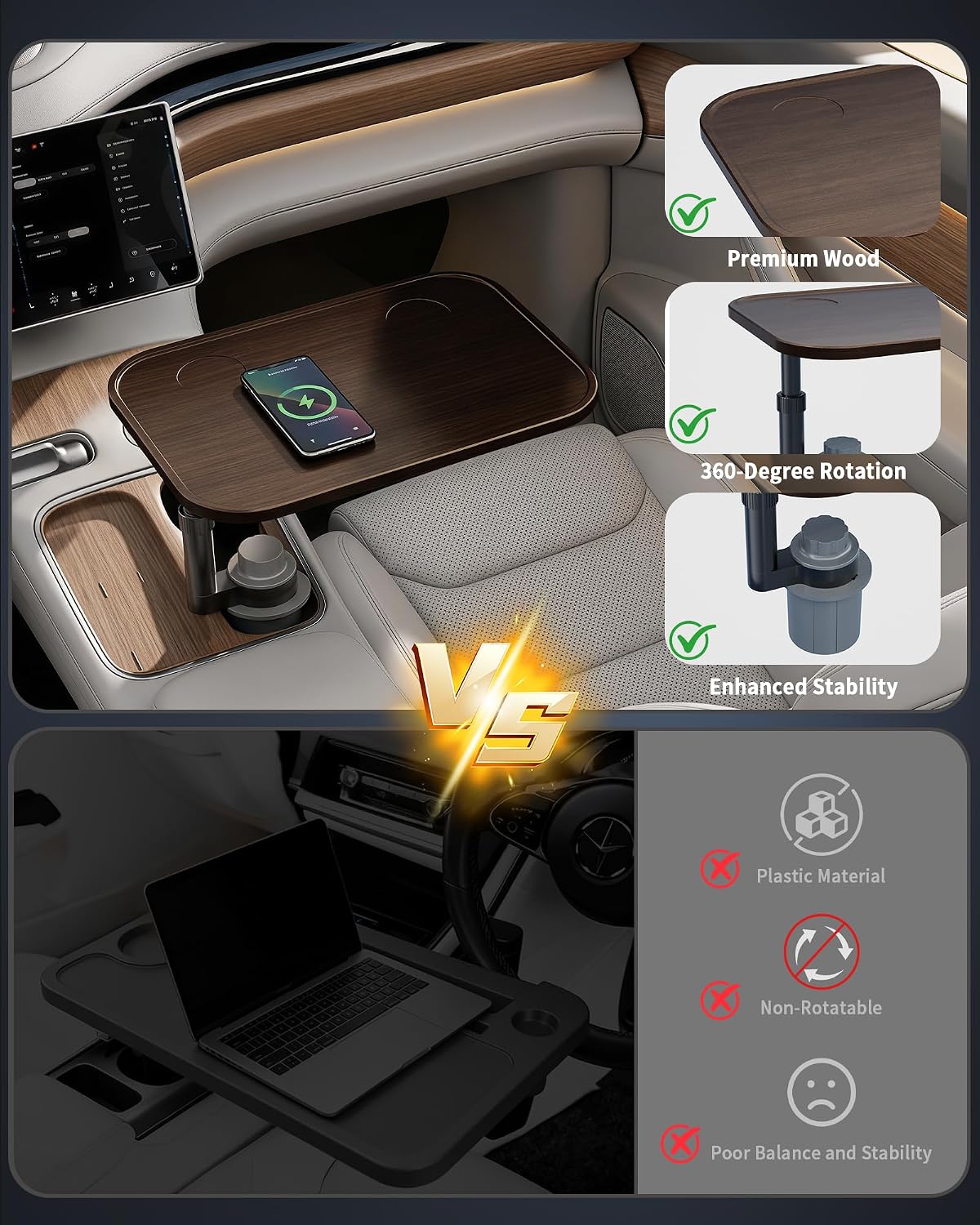 Detalle de Aucoza Car Desk with Adjustable Height, Wood-Grain Finish and Rotating Cup Holder