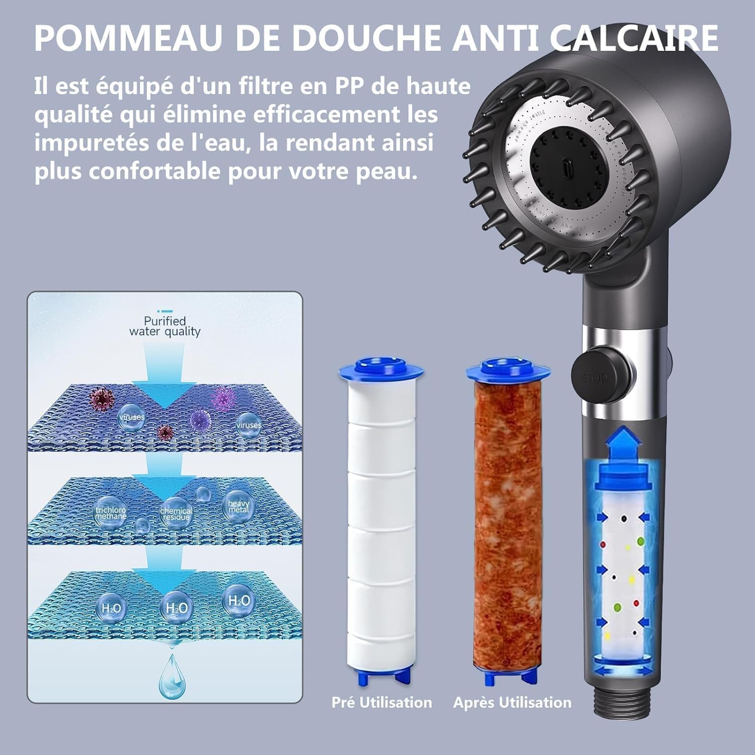 Thumbnail 1 de Pommeau de douche anti-calcaire Haute Pression avec filtre et 4 jets – Tuyau 1,5 m et support