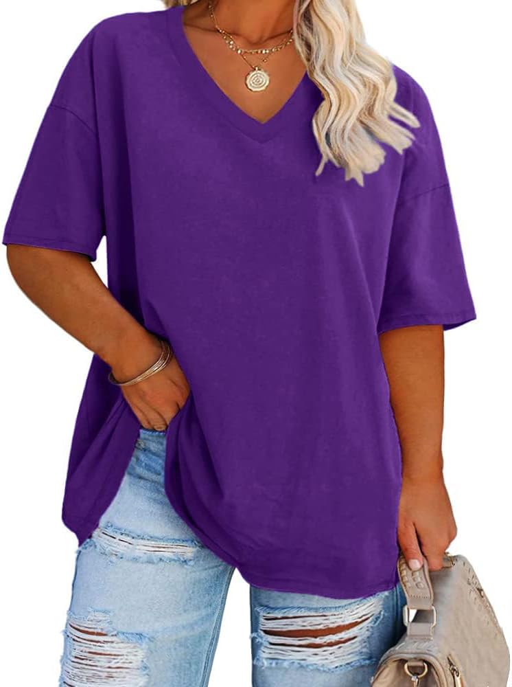 Thumbnail 3 de Fisoew Damen T-Shirt in großen Größen (XL–5XL) mit V-Ausschnitt und kurzarmem Oversize-Look