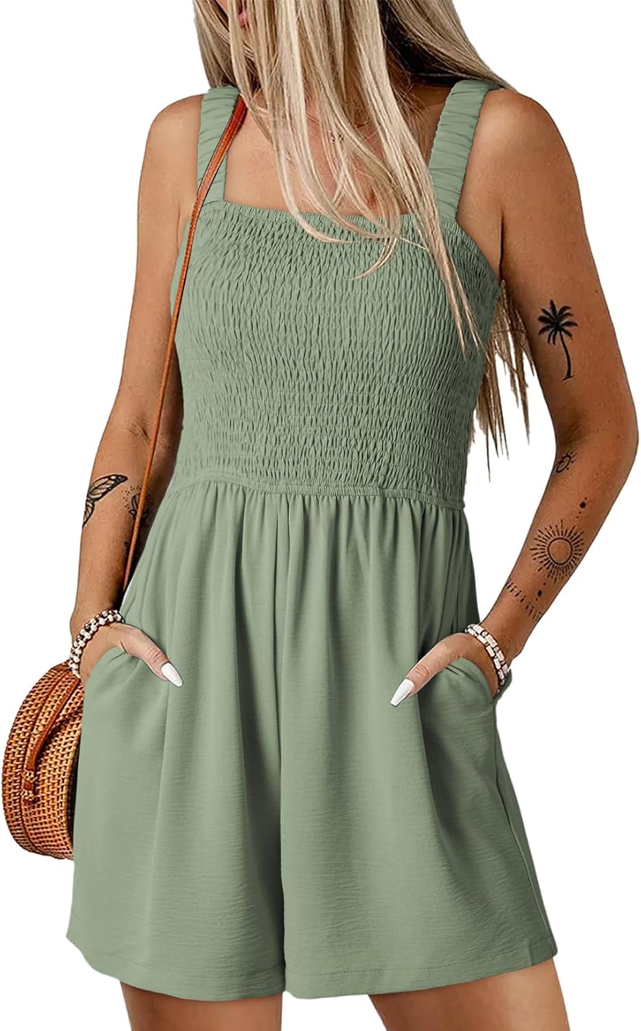 Detalle de Dokotoo Women's Summer Casual Smocked Rompers Jumpsuit – Square Neck, Sleeveless, Loose Fit