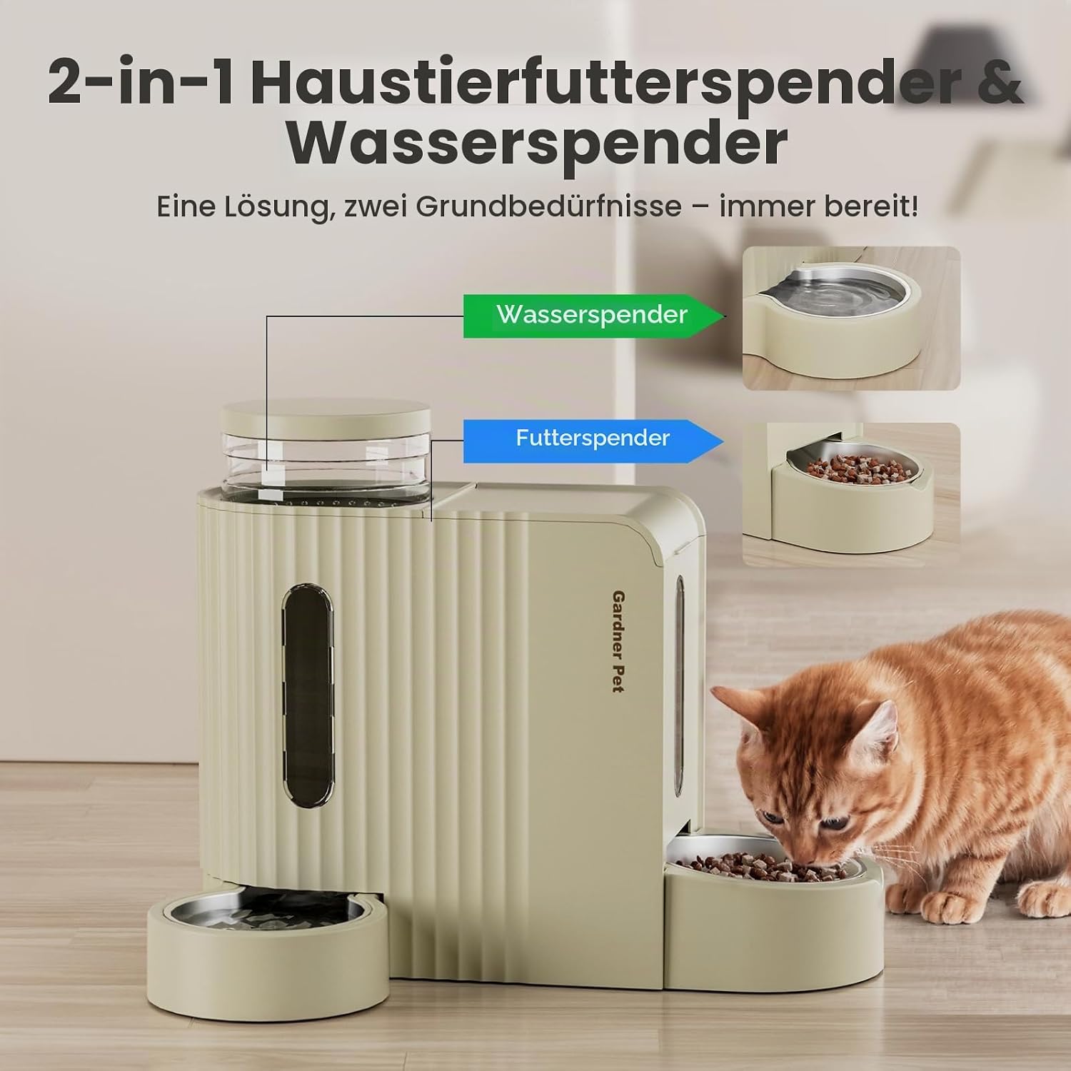 Detalle de Gardner Pet automatischer Futter- und Wasserspender für Katzen/Hunde (2 Näpfe, 3 L + Edelstahl, ohne Strom) – Beige