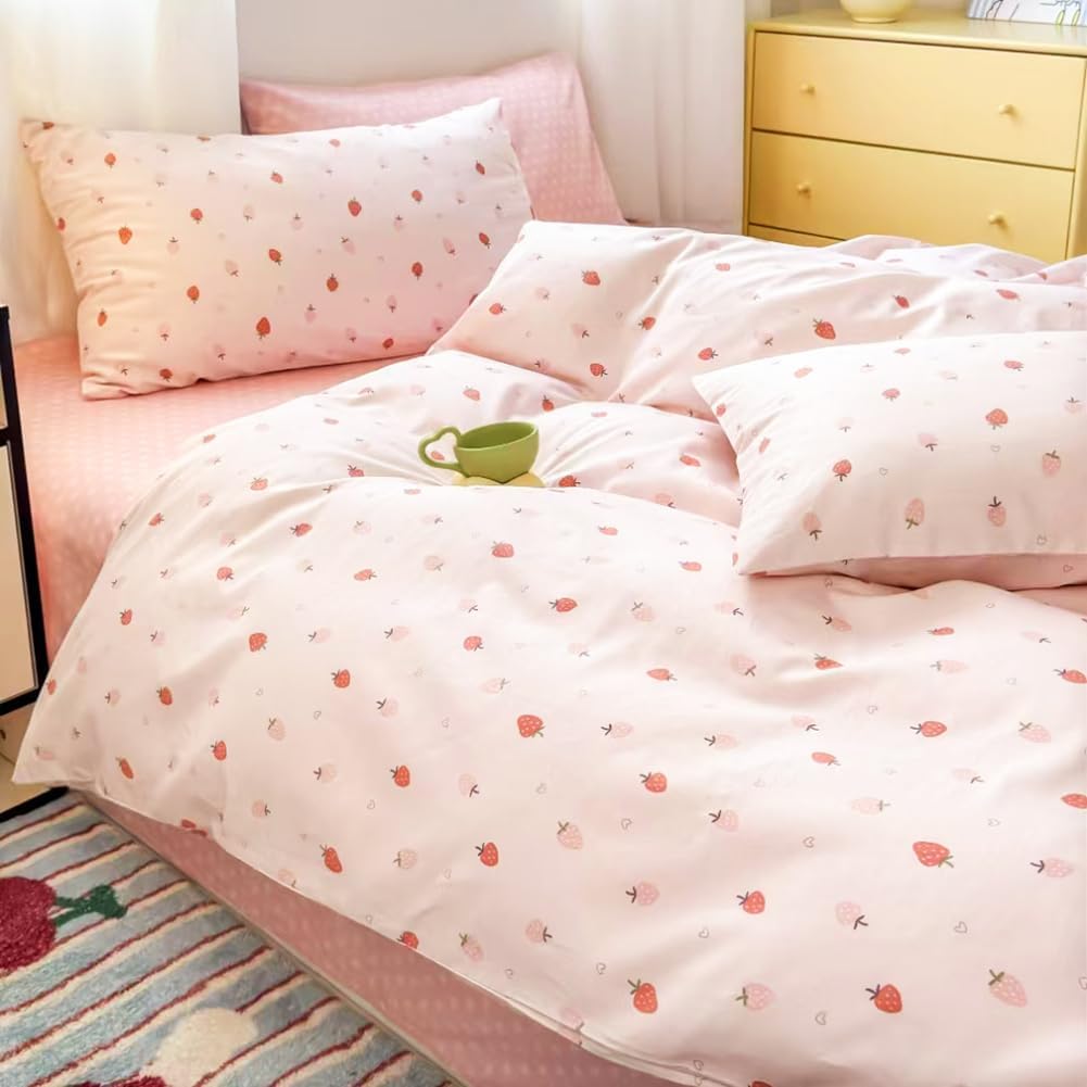 Detalle de AShanlan Bettwäsche Baumwolle 135x200 Rosa Erdbeeren – Kawaii Set mit Reißverschluss und ÖkoTex Zertifizierung