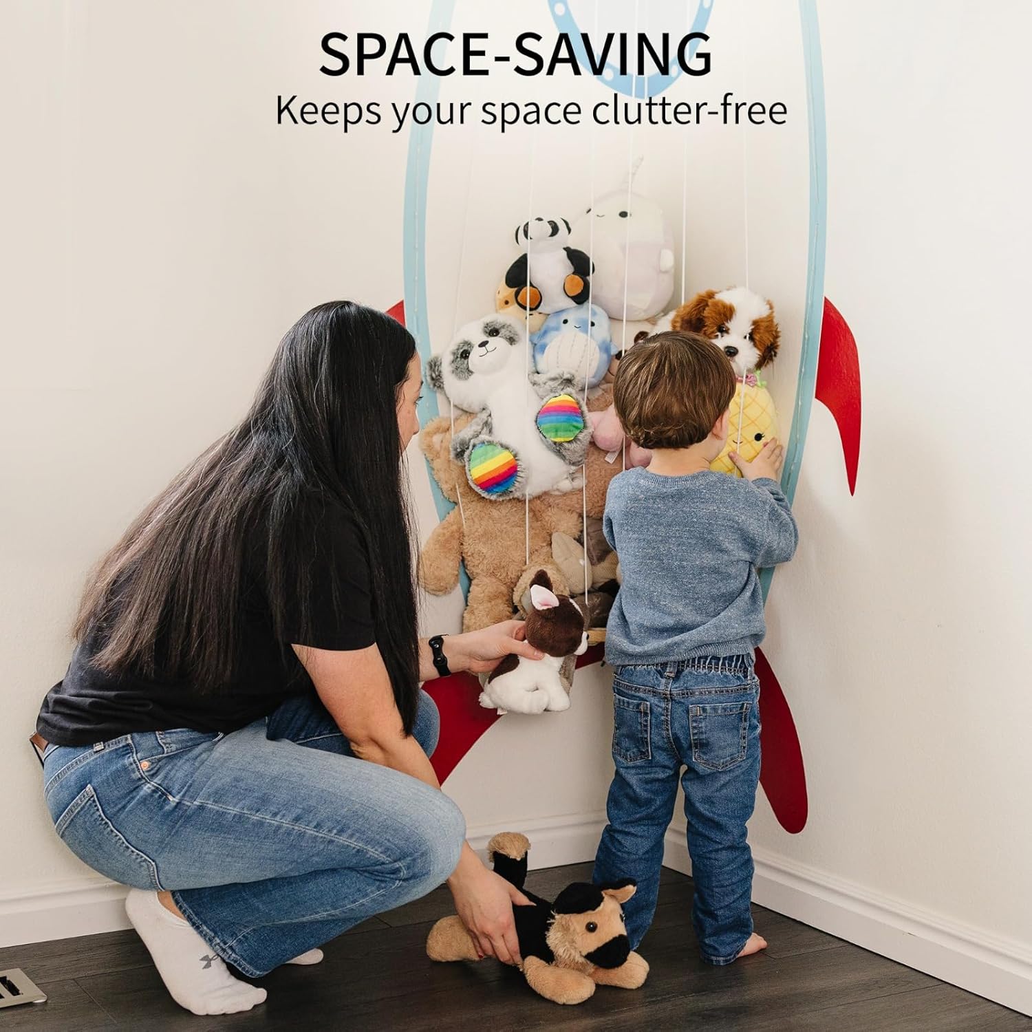 Detalle de PUTSKA Corner Nursery Storage Shelf – Space-Saving Wooden organiser for plush toys, baby essentials & nursery décor (Spaceship)