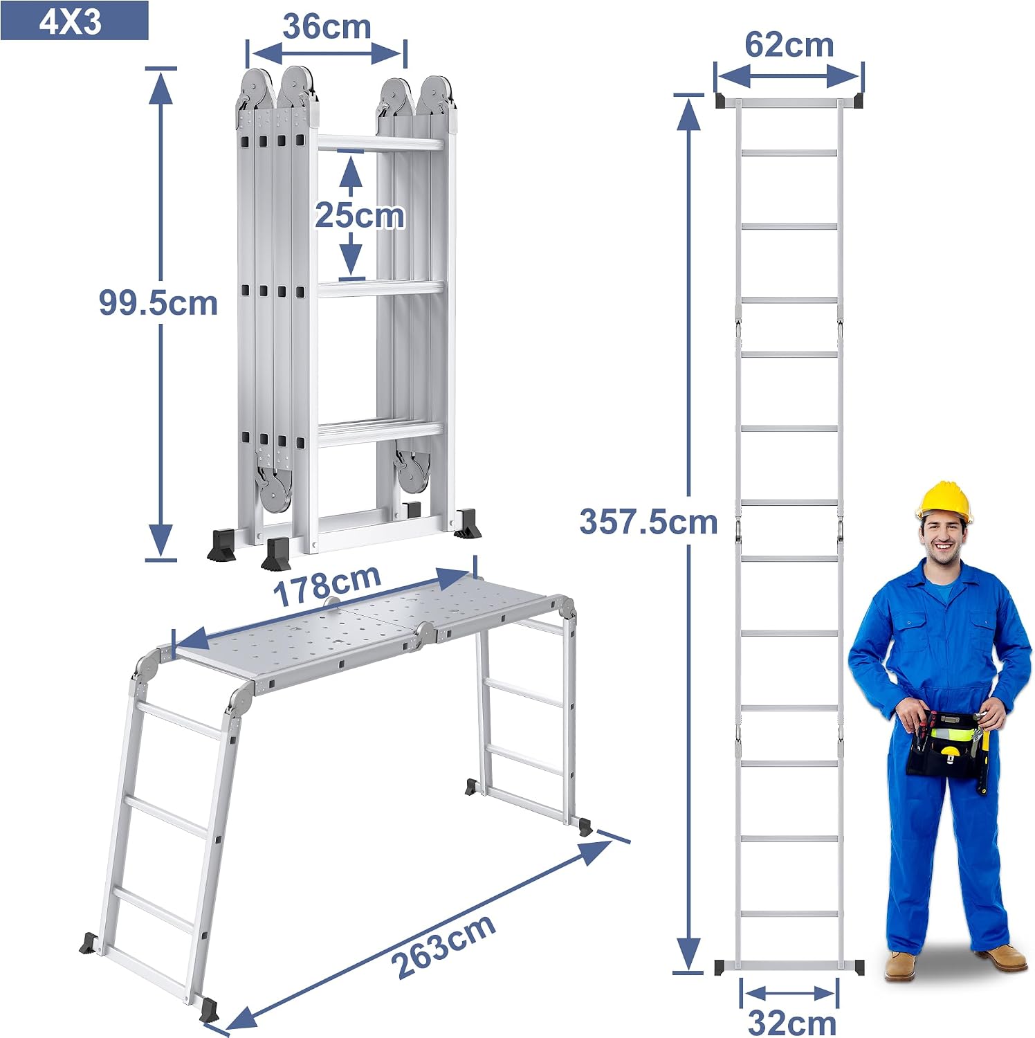 Detalle 2 de UISEBRT 4 x 3 Multi-Purpose Aluminium Ladder with Platform, 340 cm