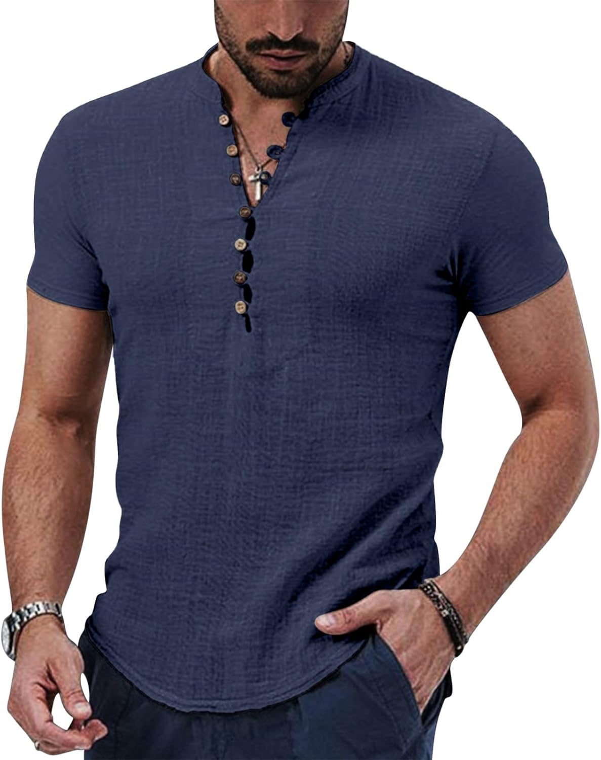 Detalle de Puimentiua Leinenhemd Herren – Kurzarm, Regular Fit, Stehkragen und Knöpfe (S–3XL)